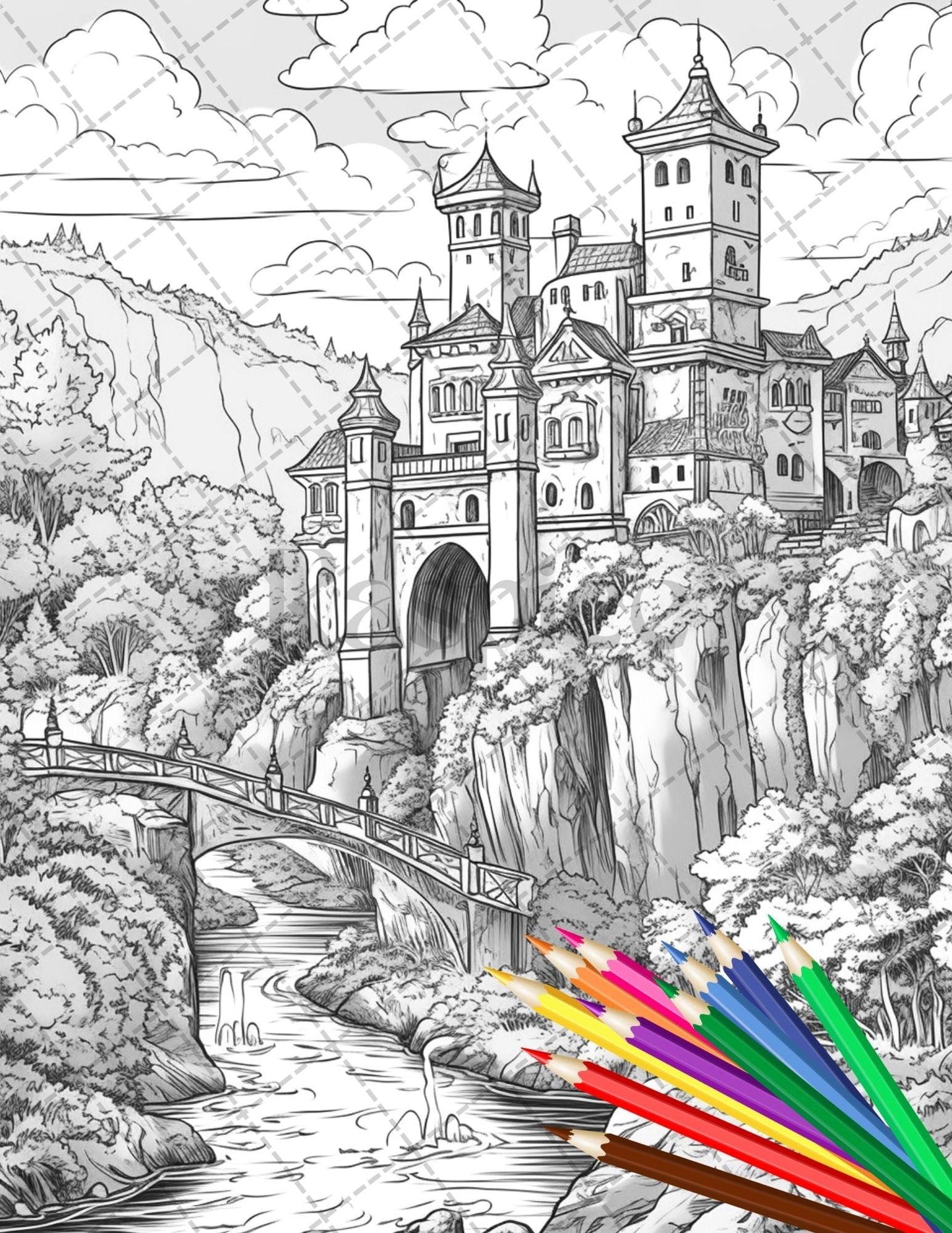 122 Fantasy Castles Coloring Book for Adults, Grayscale Coloring Page, Printable PDF Instant Download