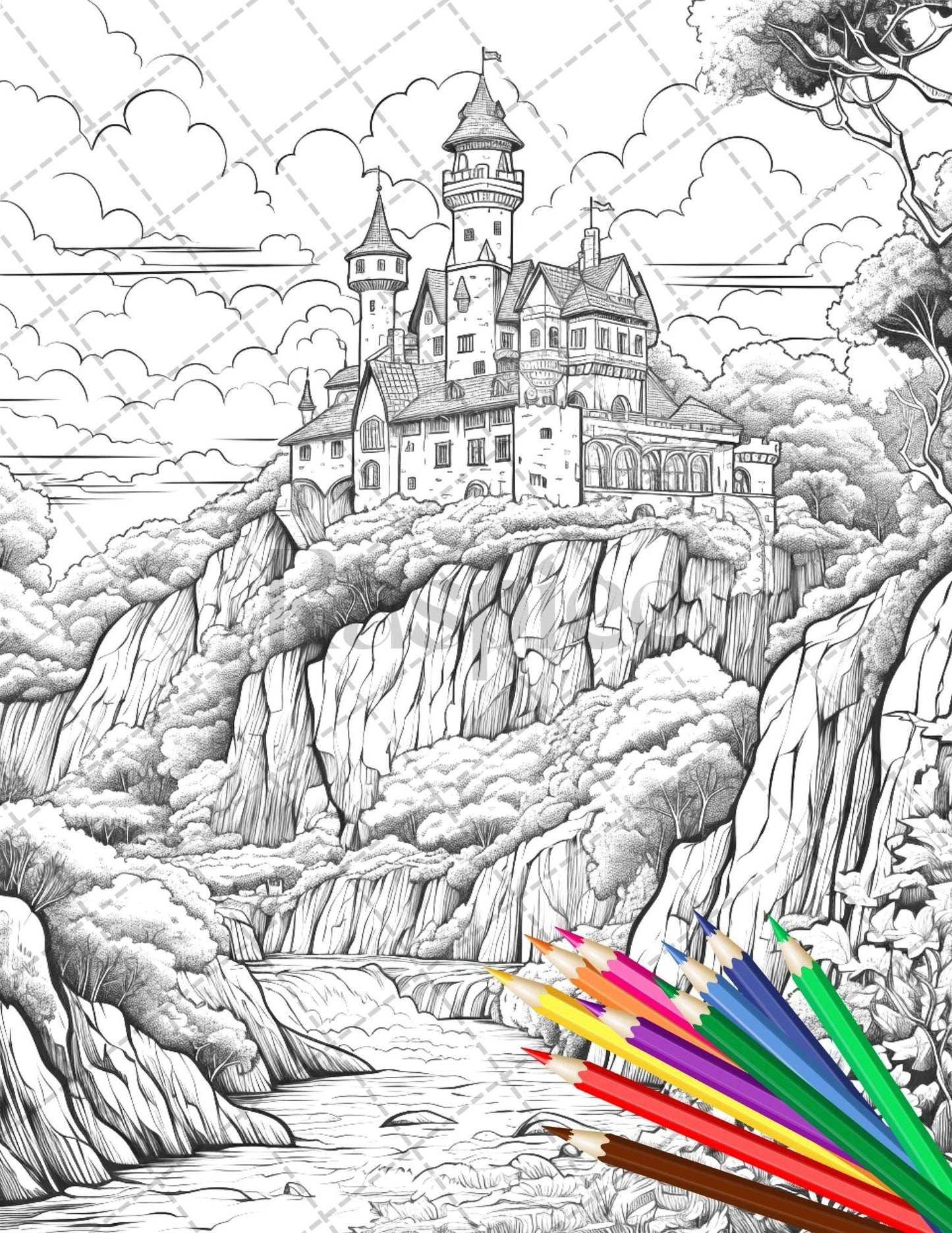 122 Fantasy Castles Coloring Book for Adults, Grayscale Coloring Page, Printable PDF Instant Download