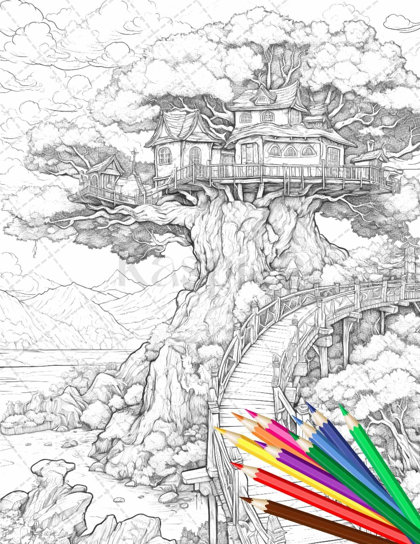 110 Enchanted Treehouse Coloring Book Printable for Adults, Grayscale Coloring Page, PDF File Instant Download