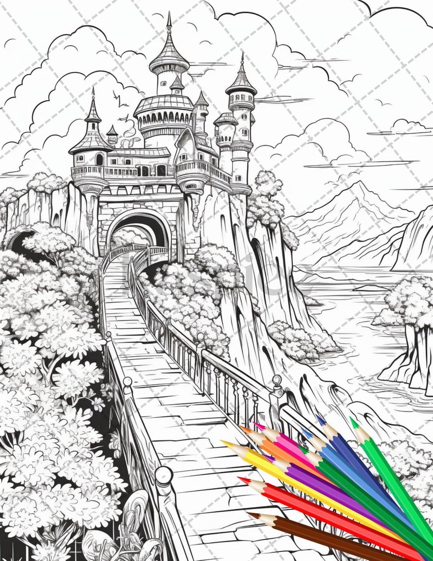 122 Fantasy Castles Coloring Book for Adults, Grayscale Coloring Page, Printable PDF Instant Download