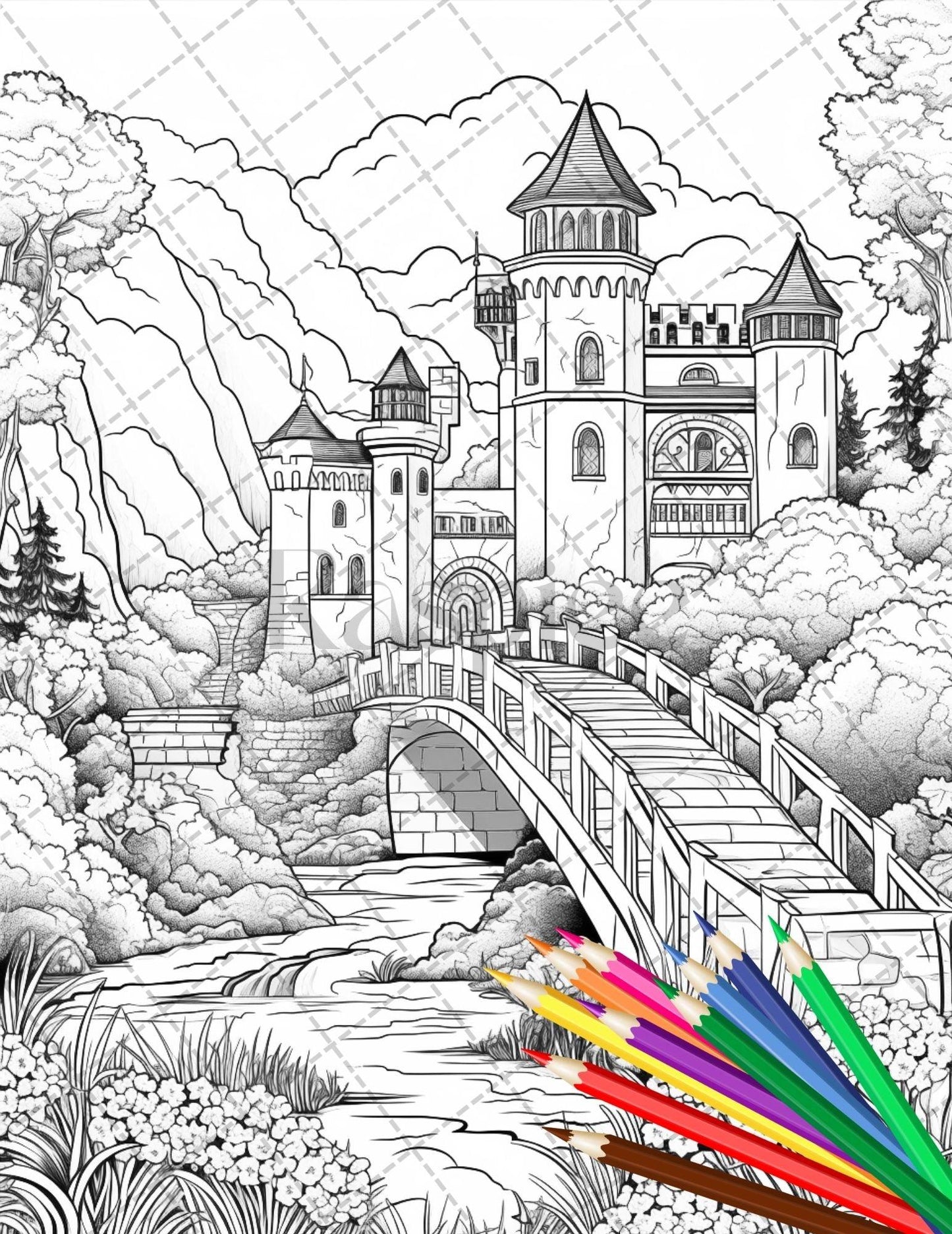 122 Fantasy Castles Coloring Book for Adults, Grayscale Coloring Page, Printable PDF Instant Download