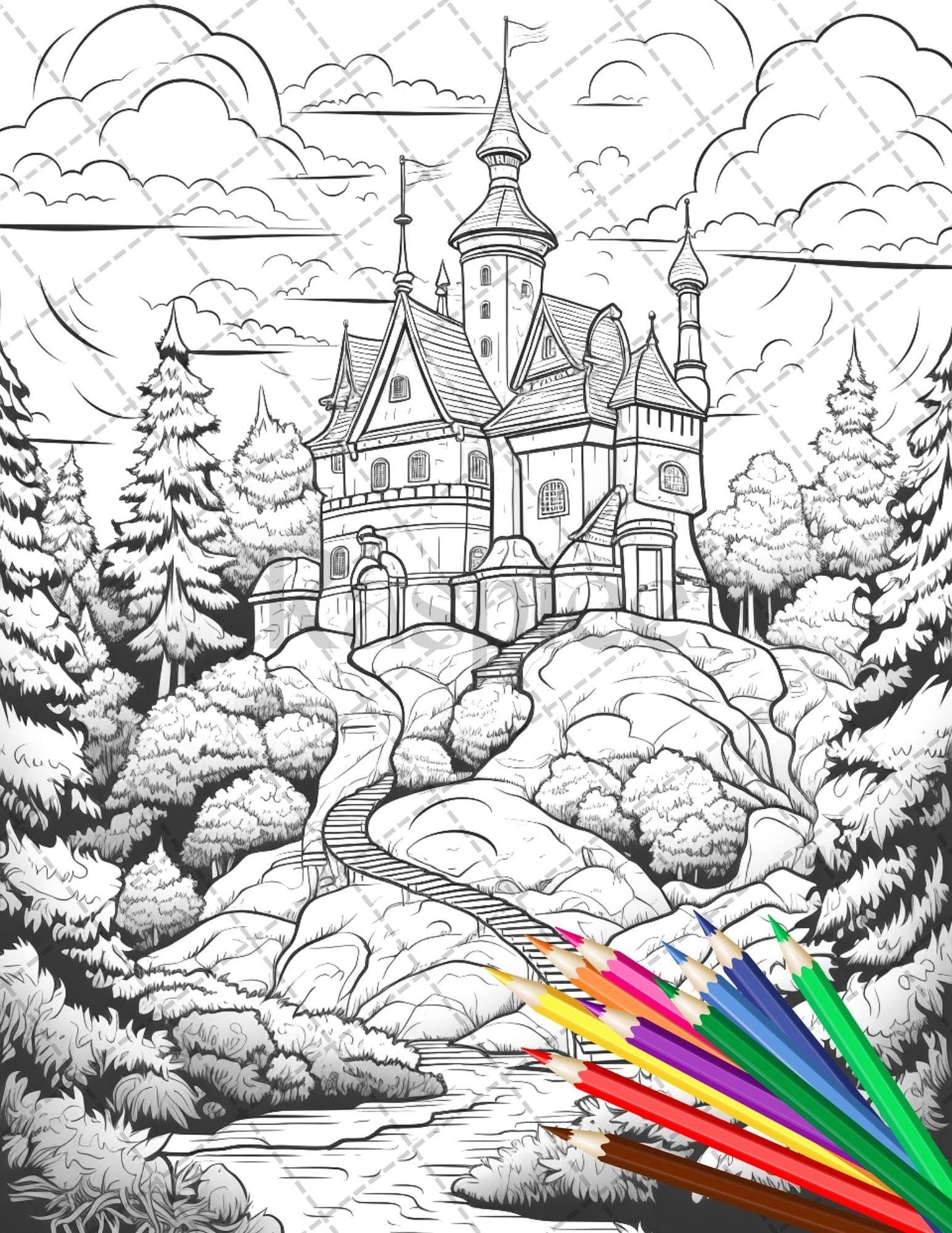 122 Fantasy Castles Coloring Book for Adults, Grayscale Coloring Page, Printable PDF Instant Download