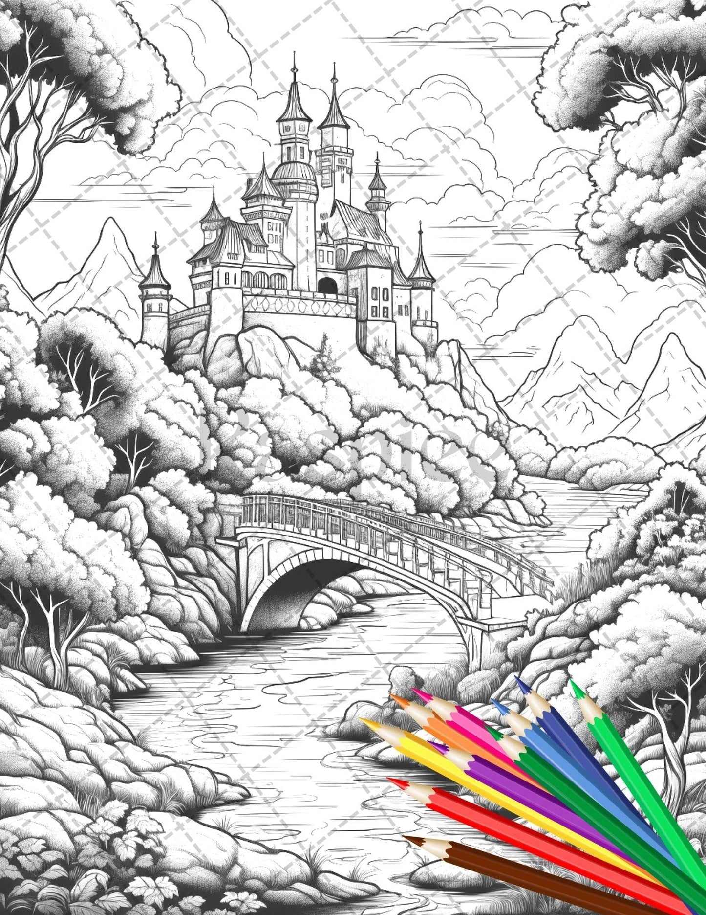 122 Fantasy Castles Coloring Book for Adults, Grayscale Coloring Page, Printable PDF Instant Download