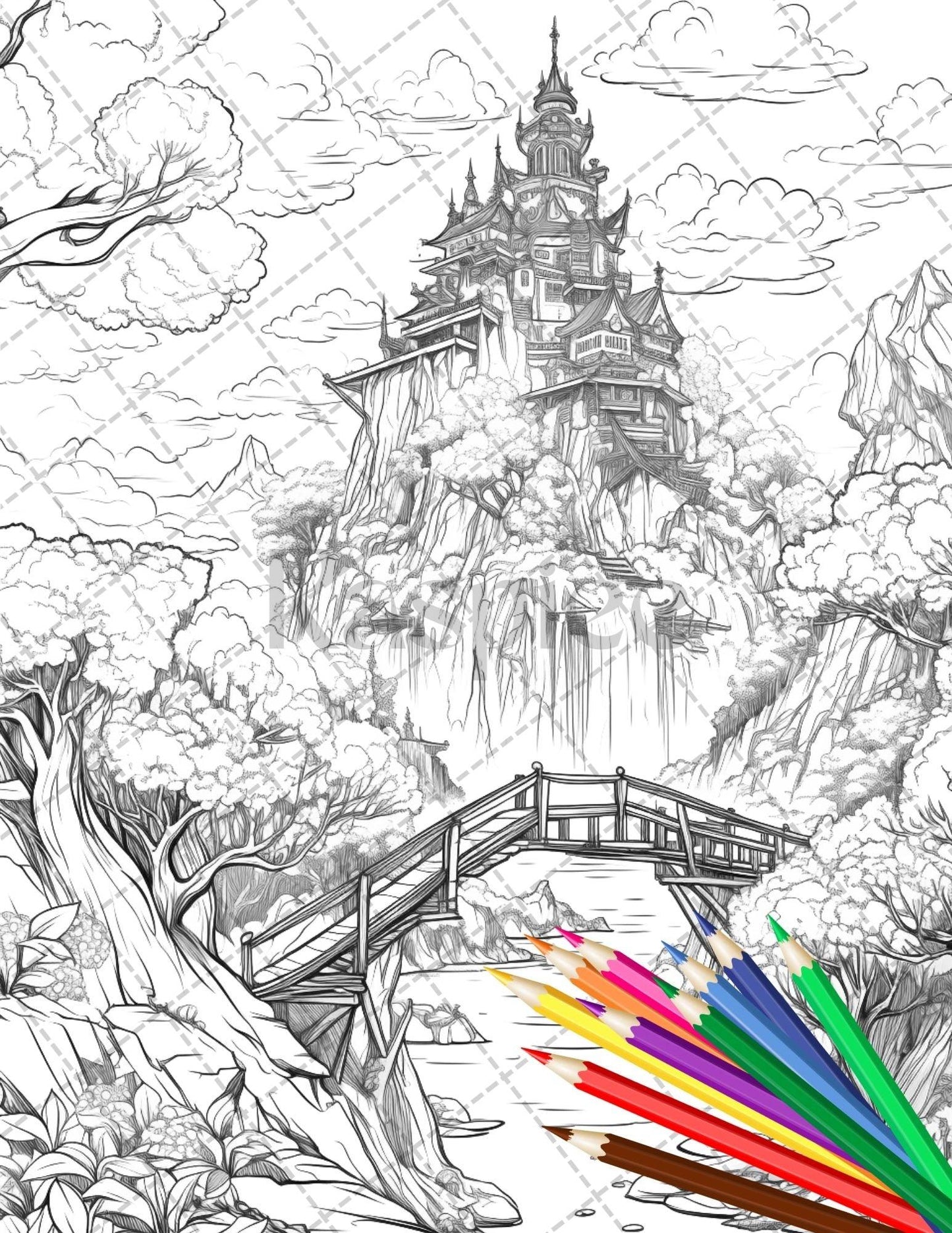 122 Fantasy Castles Coloring Book for Adults, Grayscale Coloring Page, Printable PDF Instant Download