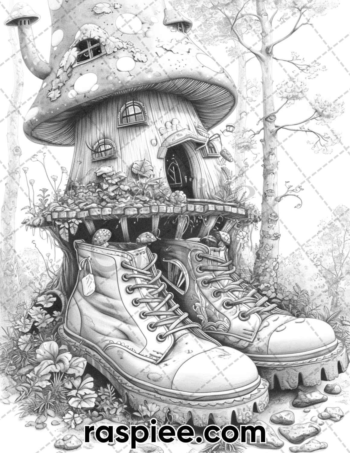 80 Fantasy Shoe House Grayscale Adult Coloring Pages, Printable PDF Instant Download