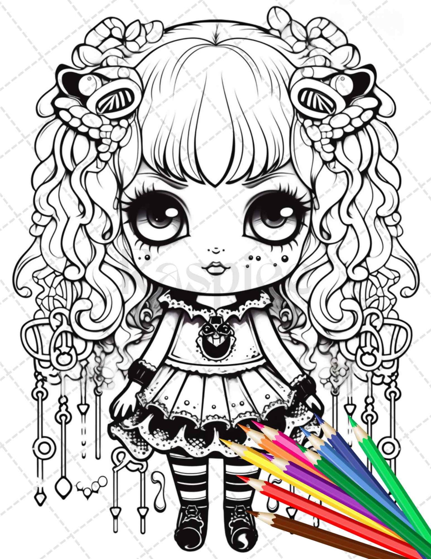 32 Creepy Kawaii Pastel Goth Coloring Pages Printable for Adults, Grayscale Coloring Page, PDF File Instant Download