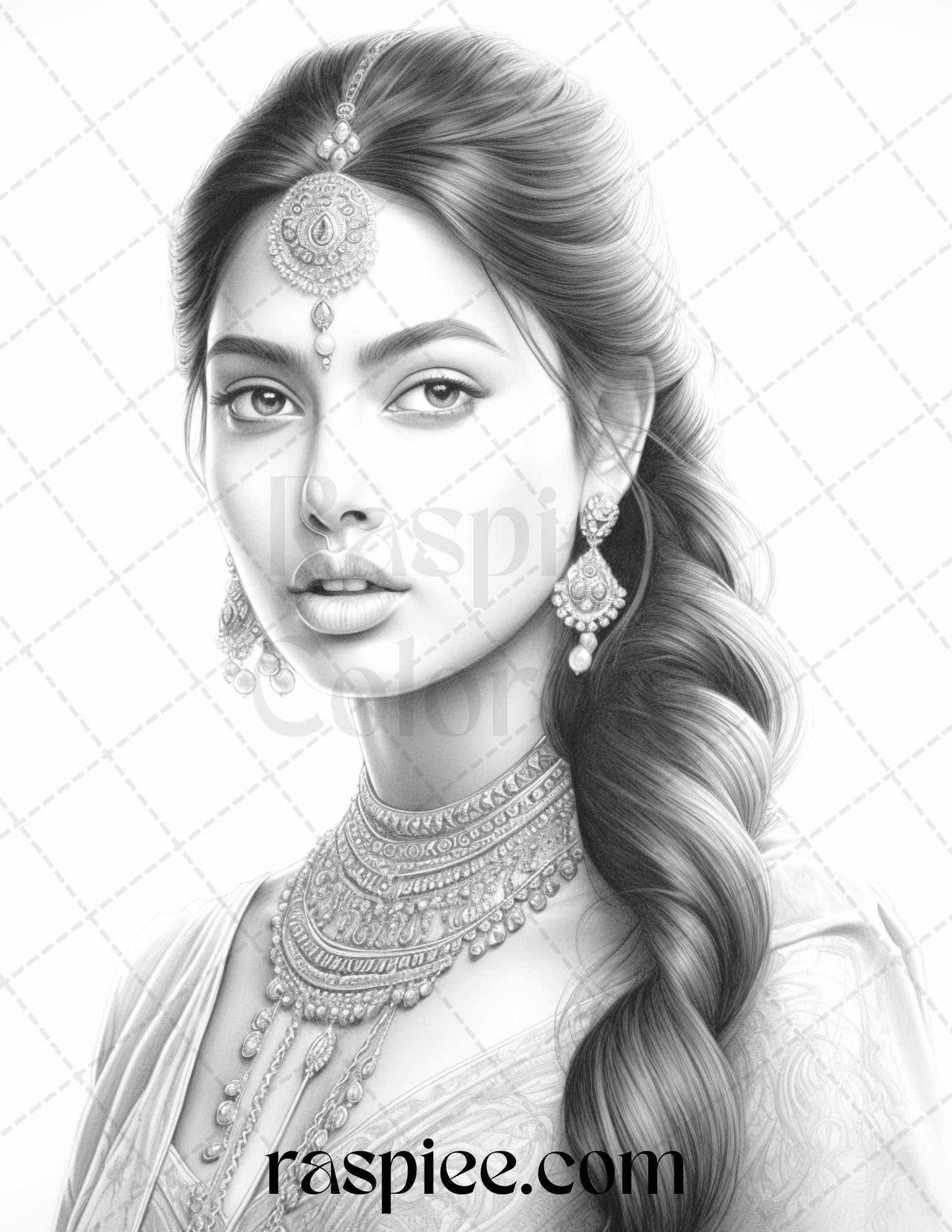 50 Beautiful Indian Women Grayscale Coloring Pages for Adults, Printable PDF File Instant Download