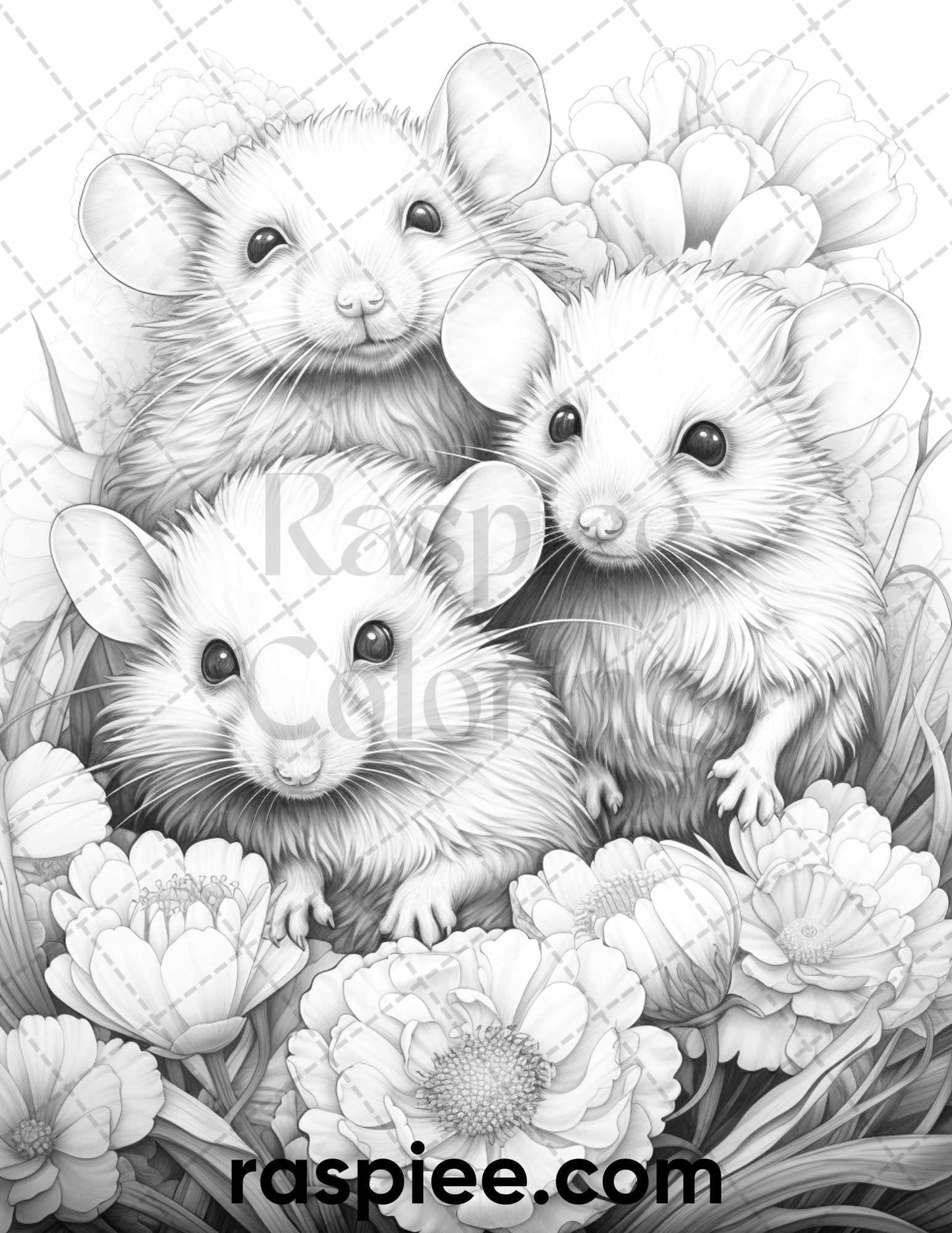 50 Enchanting Fairytale Mice Grayscale Coloring Pages Printable for Adults, PDF File Instant Download