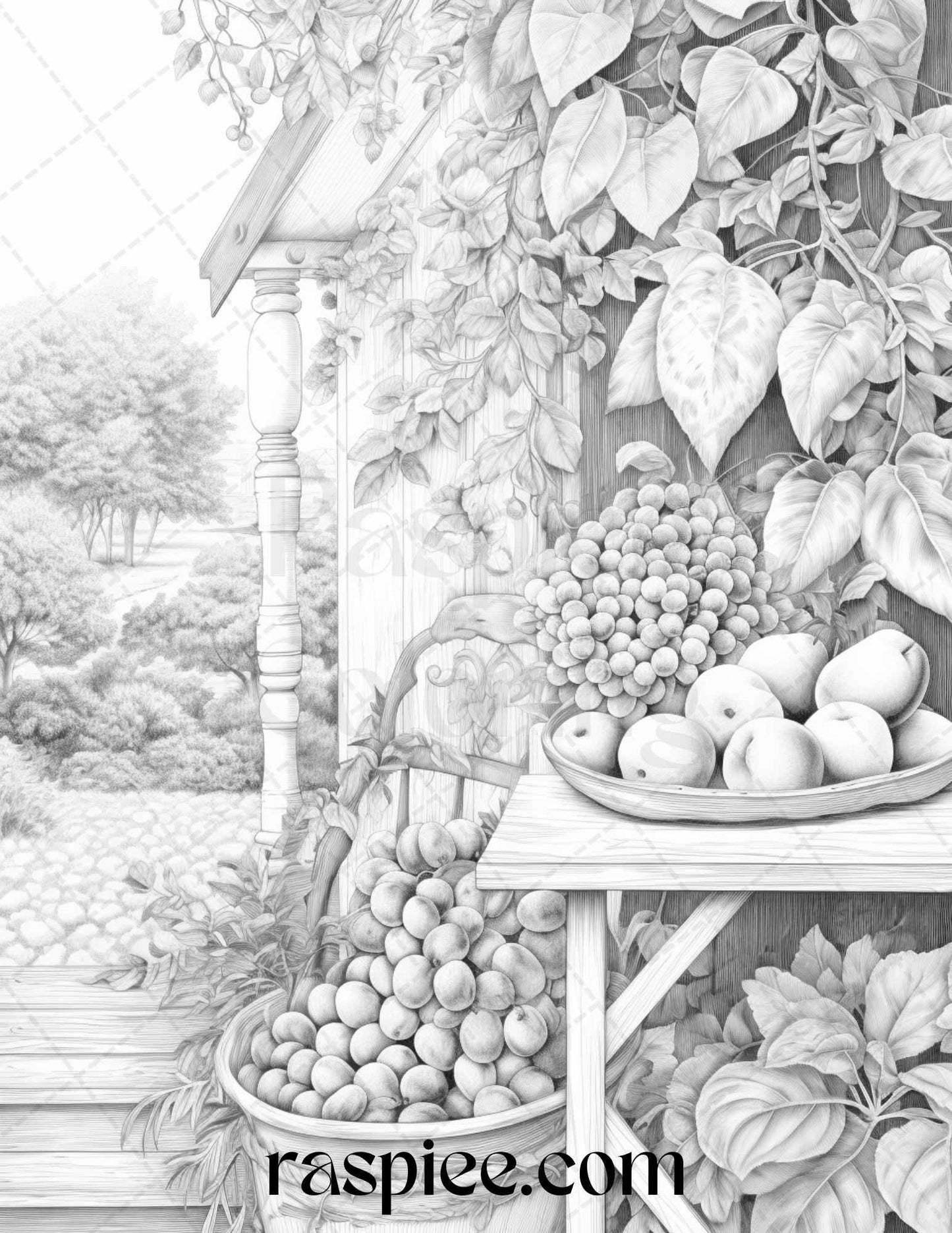 Relaxing Fruit Garden Grayscale Coloring Pages Printable for Adults, PDF File Instant Download
