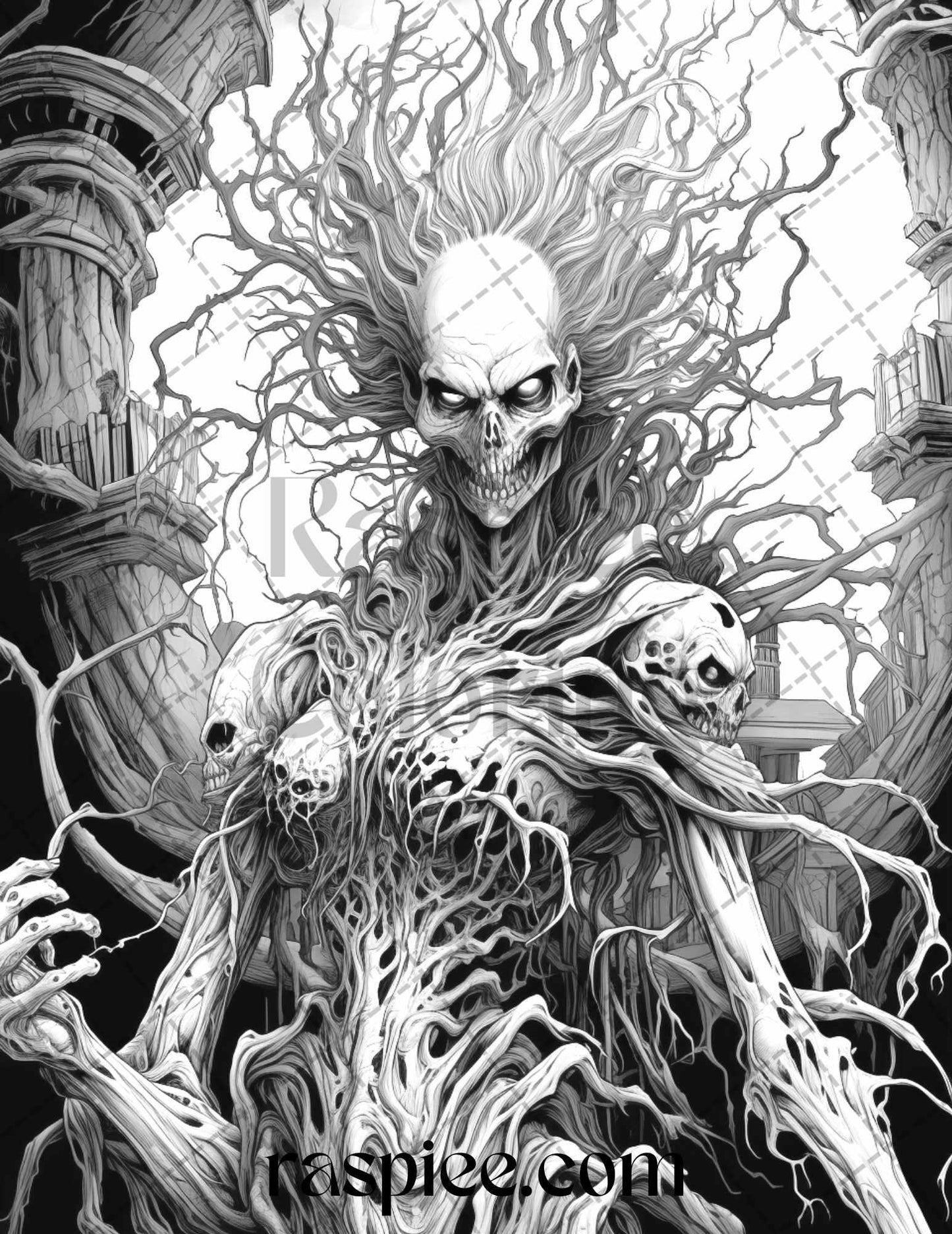 60 Halloween Nightmare Grayscale Coloring Pages Printable for Adults, PDF File Instant Download