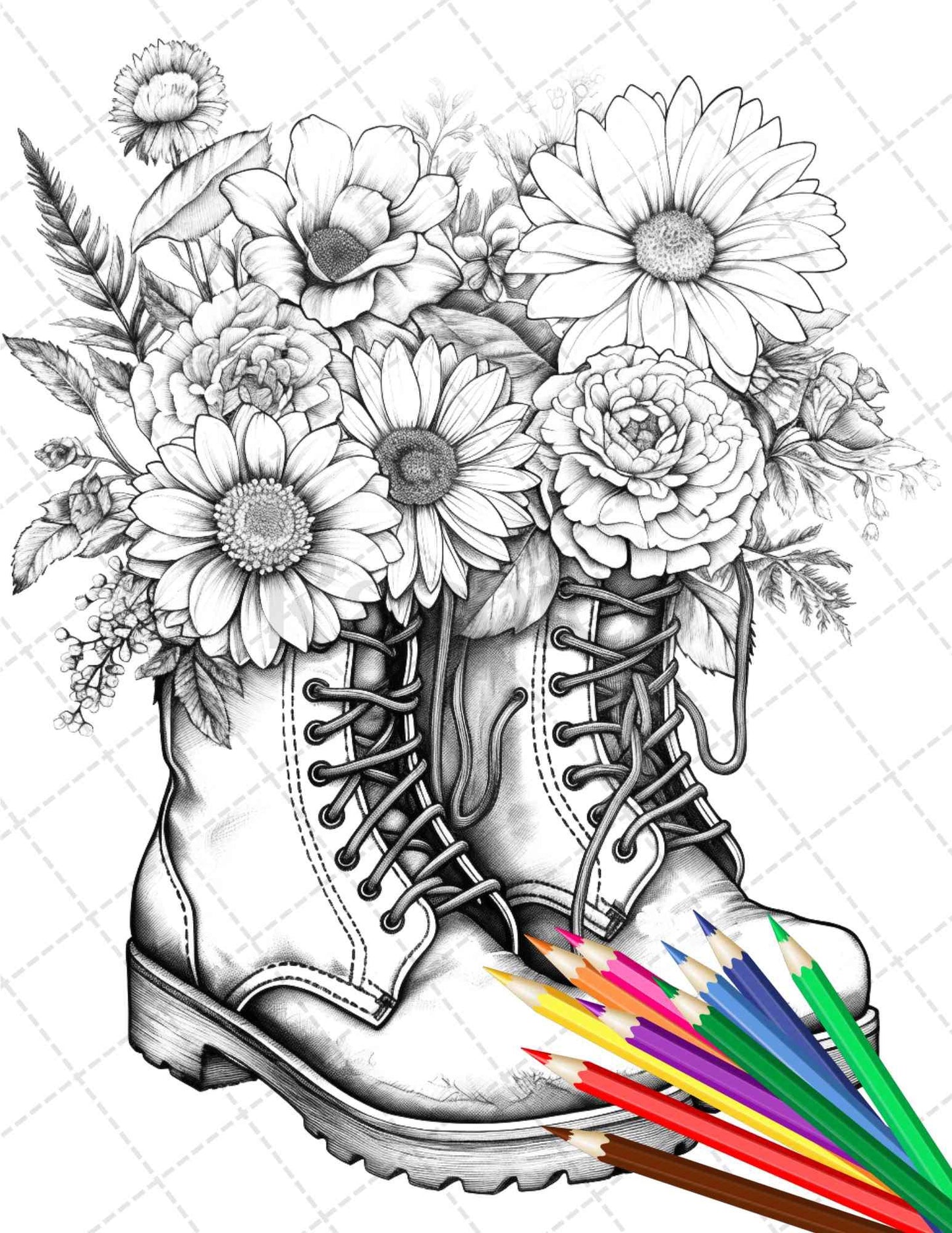 32 Flower Boots Coloring Pages Printable for Adults, Floral Grayscale Coloring Page, PDF File Instant Download