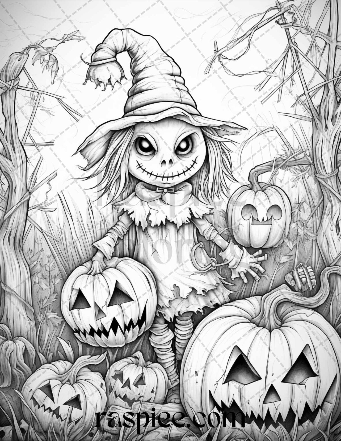 50 Halloween Scarecrows Grayscale Coloring Pages Printable for Adults, PDF File Instant Download