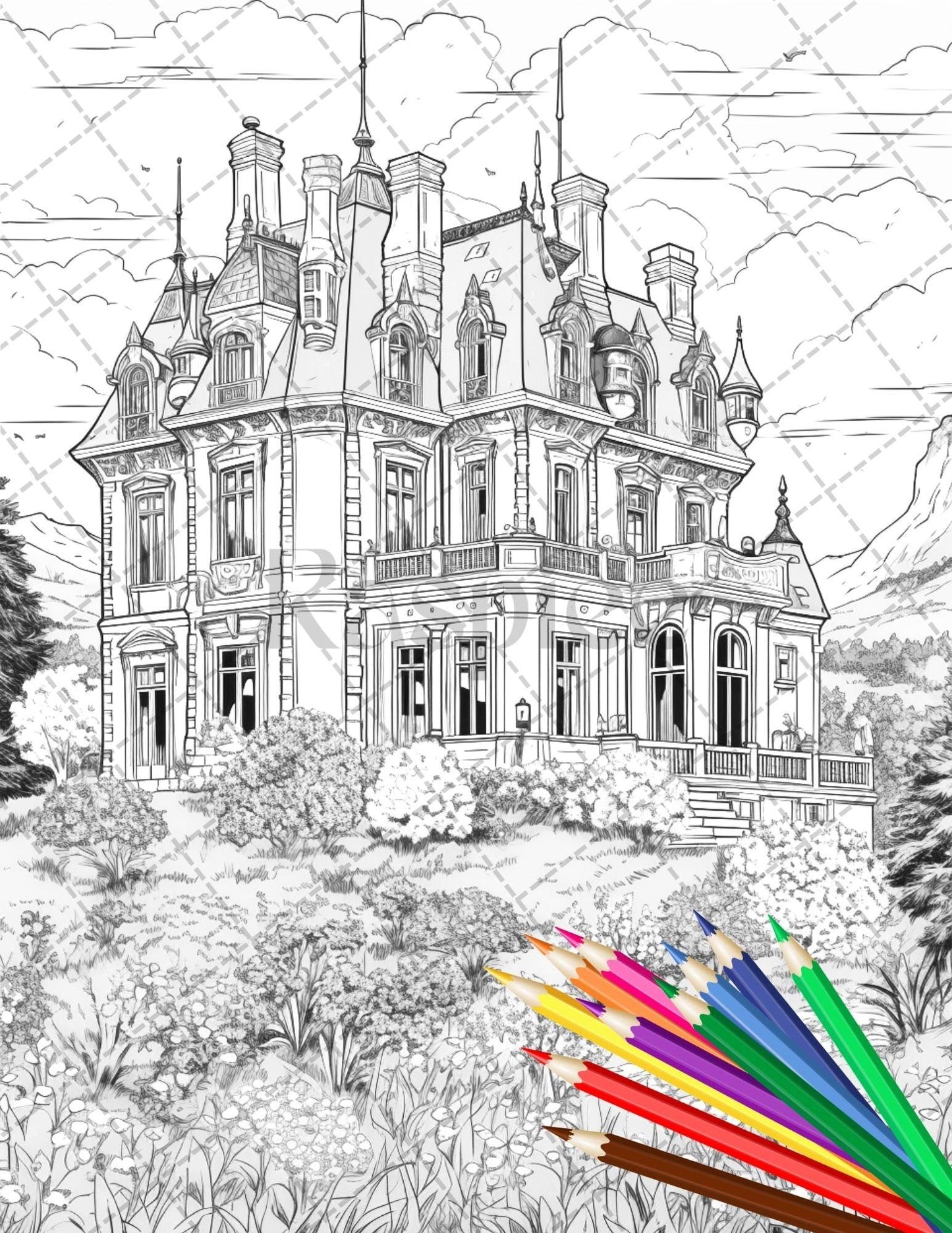 122 Fantasy Castles Coloring Book for Adults, Grayscale Coloring Page, Printable PDF Instant Download