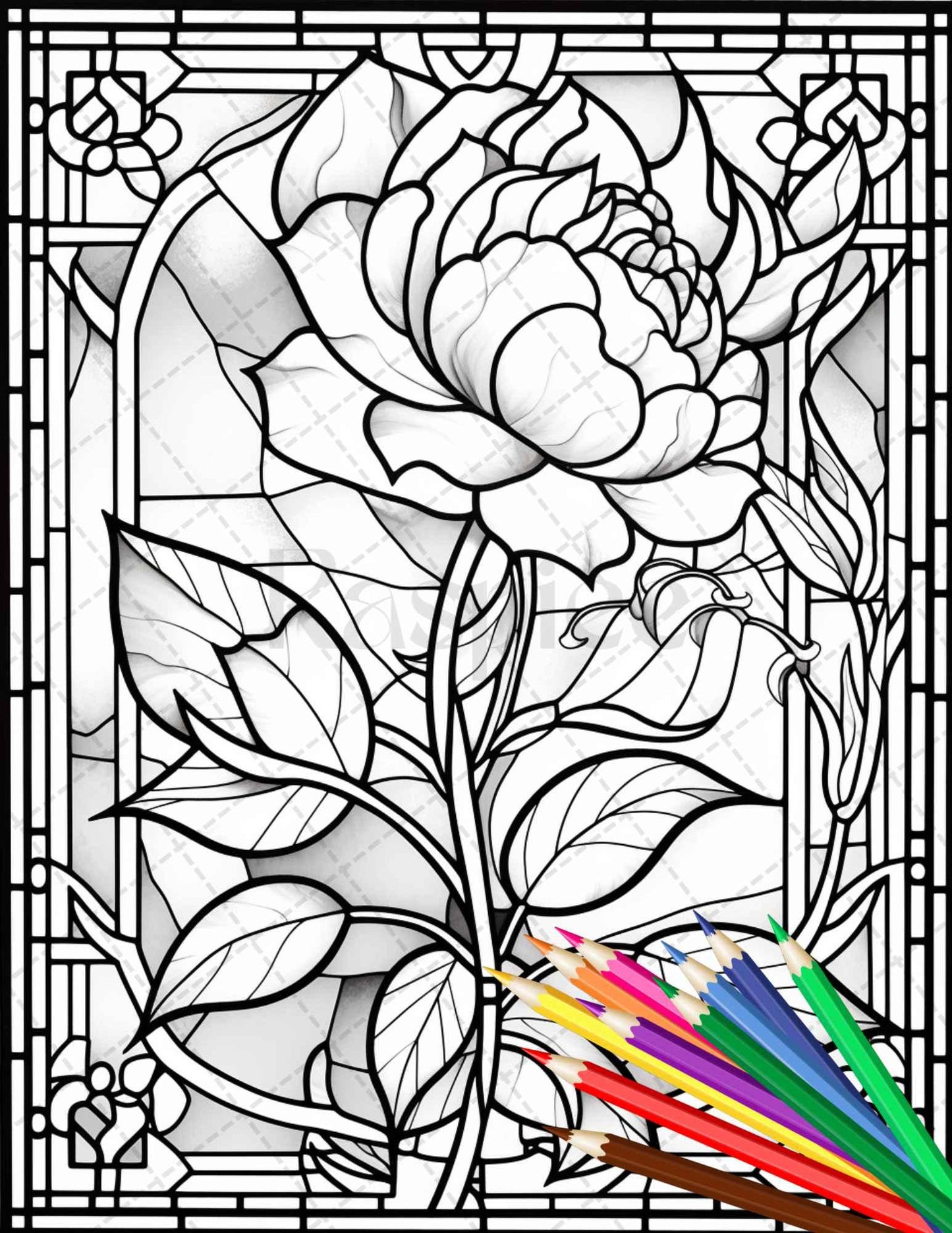30 Stained Glass Flowers Grayscale Coloring Pages Printable for Adults, PDF File Instant Download