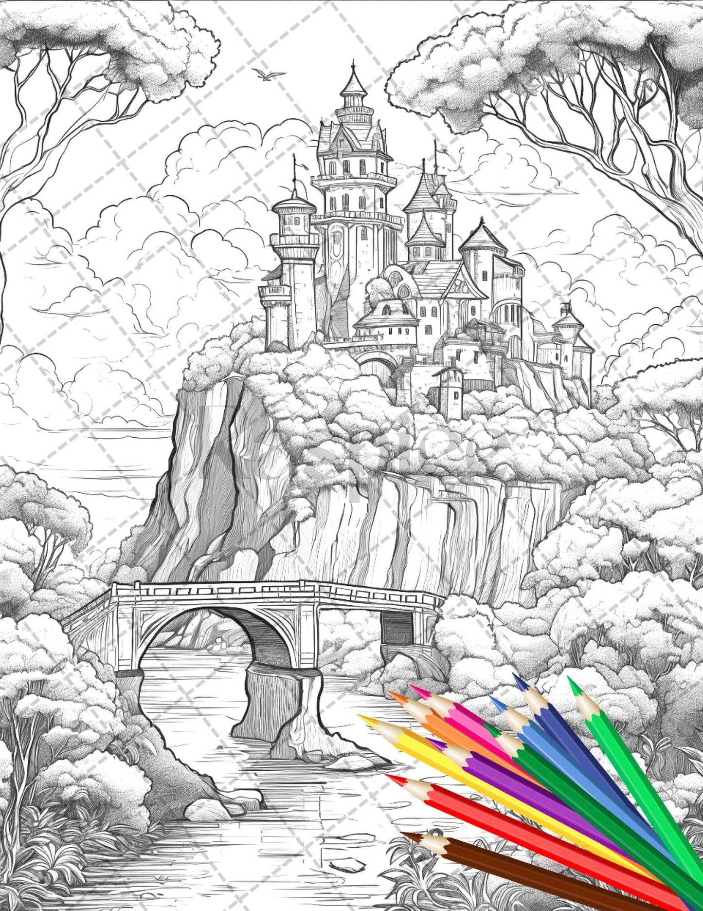 122 Fantasy Castles Coloring Book for Adults, Grayscale Coloring Page, Printable PDF Instant Download