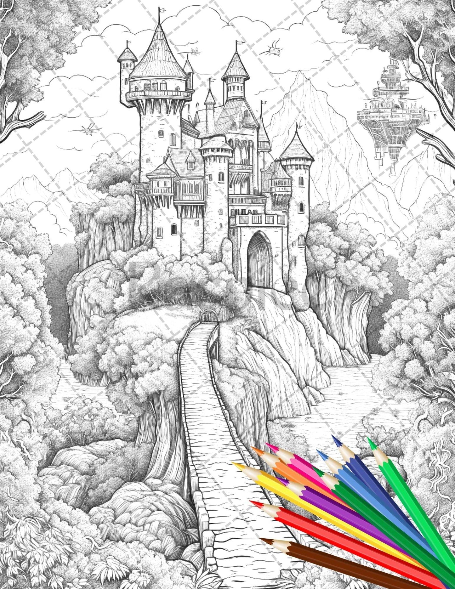 122 Fantasy Castles Coloring Book for Adults, Grayscale Coloring Page, Printable PDF Instant Download