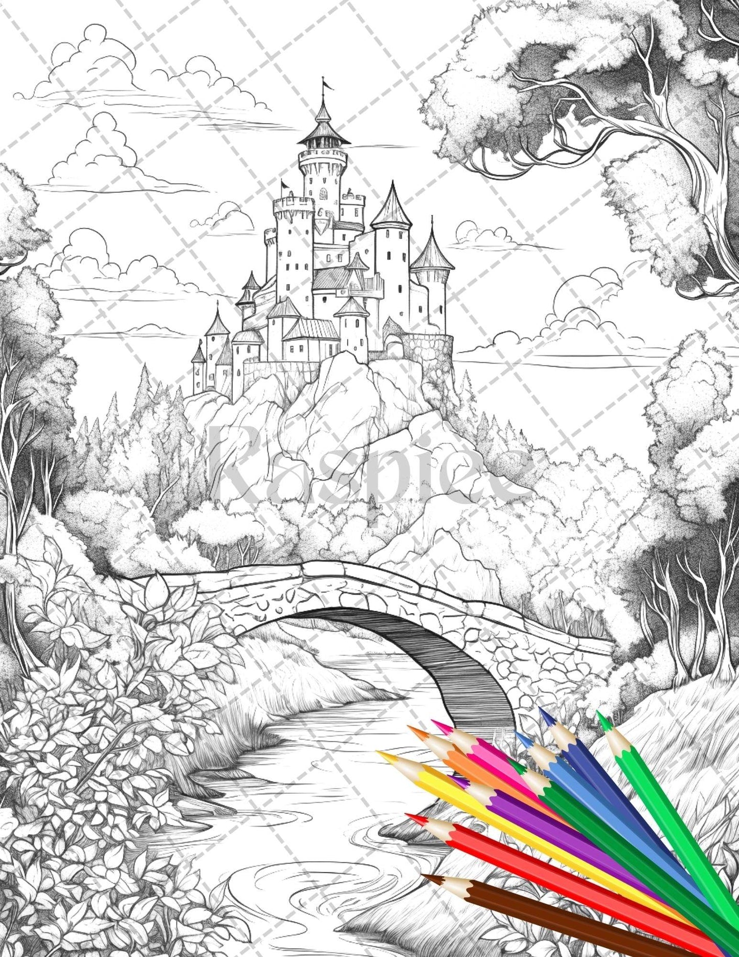 122 Fantasy Castles Coloring Book for Adults, Grayscale Coloring Page, Printable PDF Instant Download