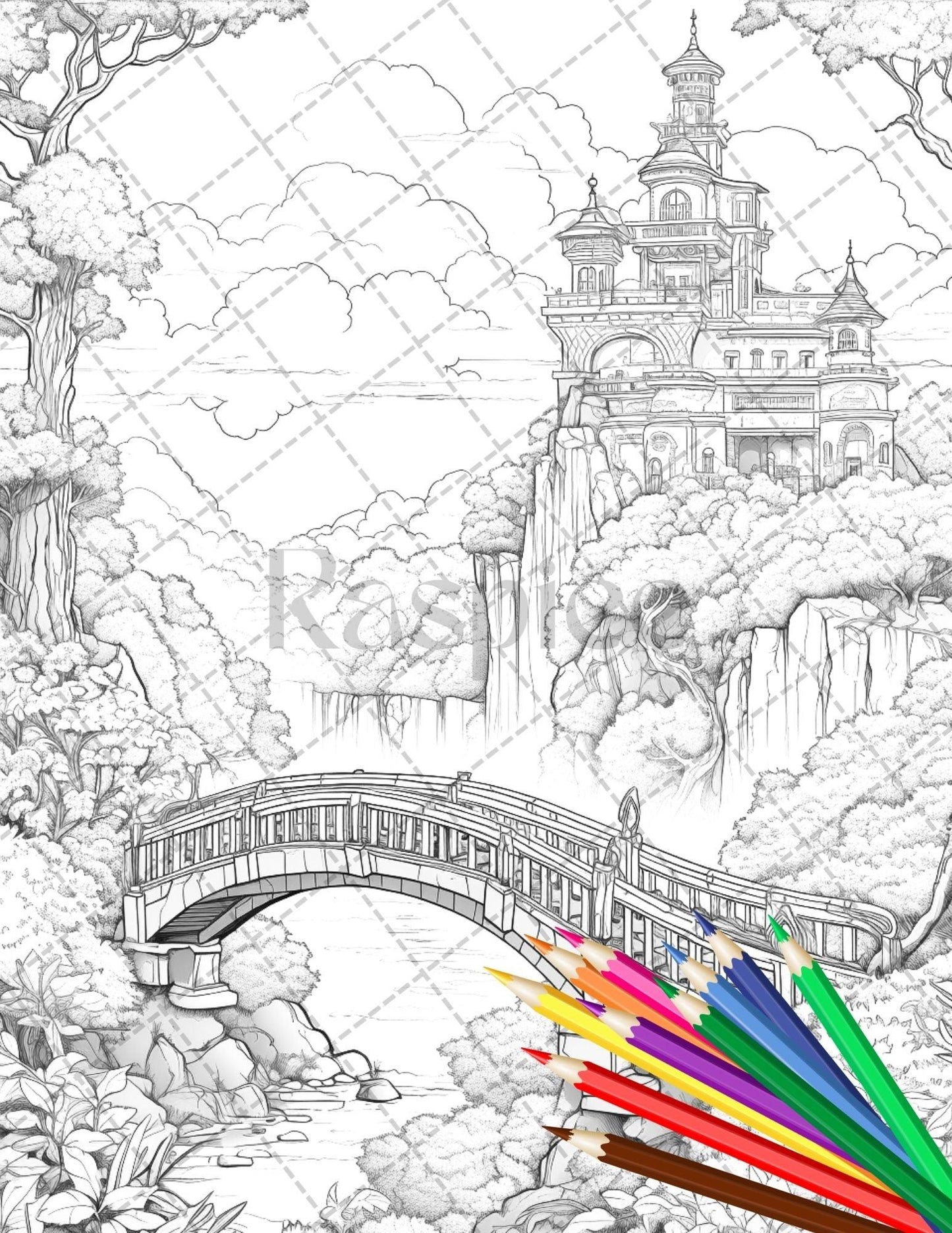 122 Fantasy Castles Coloring Book for Adults, Grayscale Coloring Page, Printable PDF Instant Download