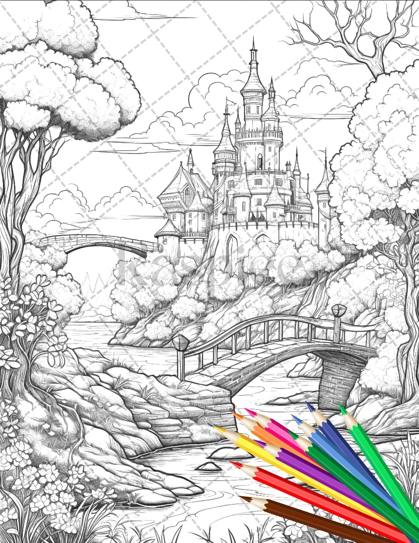 122 Fantasy Castles Coloring Book for Adults, Grayscale Coloring Page, Printable PDF Instant Download