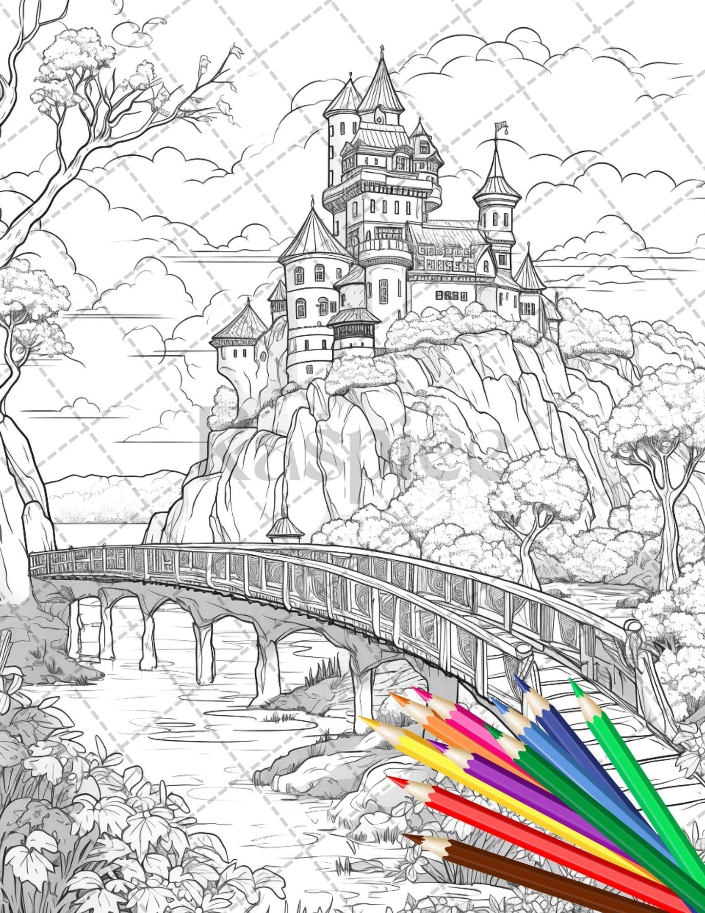 122 Fantasy Castles Coloring Book for Adults, Grayscale Coloring Page, Printable PDF Instant Download