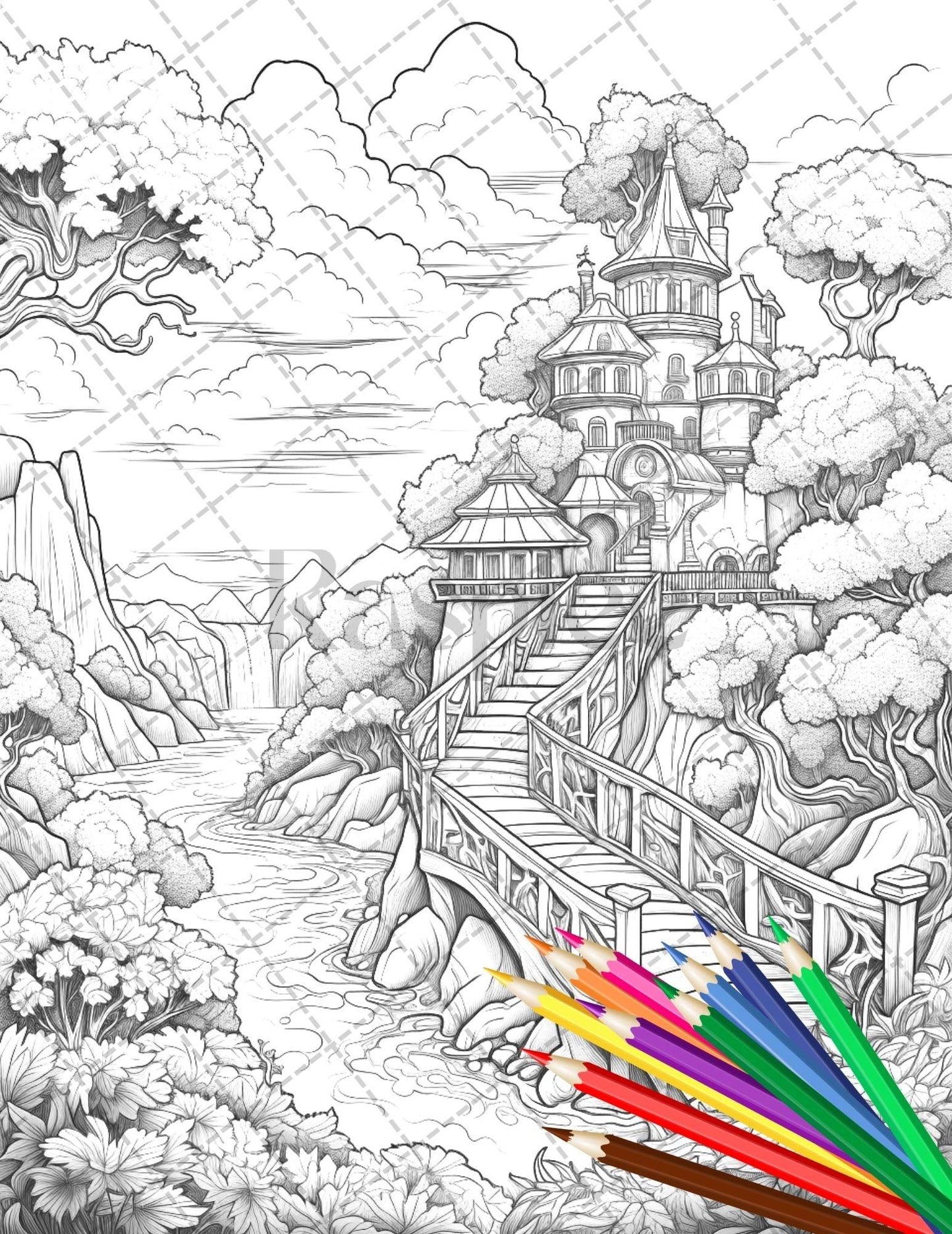 122 Fantasy Castles Coloring Book for Adults, Grayscale Coloring Page, Printable PDF Instant Download