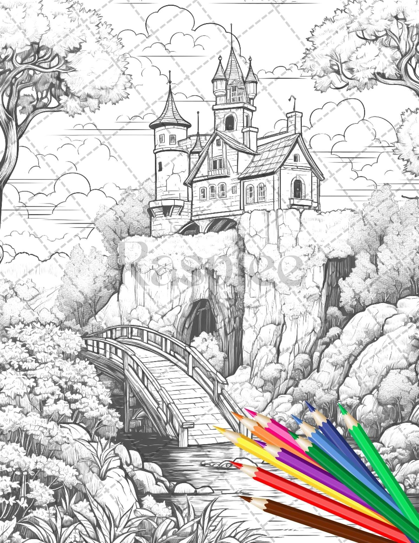 122 Fantasy Castles Coloring Book for Adults, Grayscale Coloring Page, Printable PDF Instant Download
