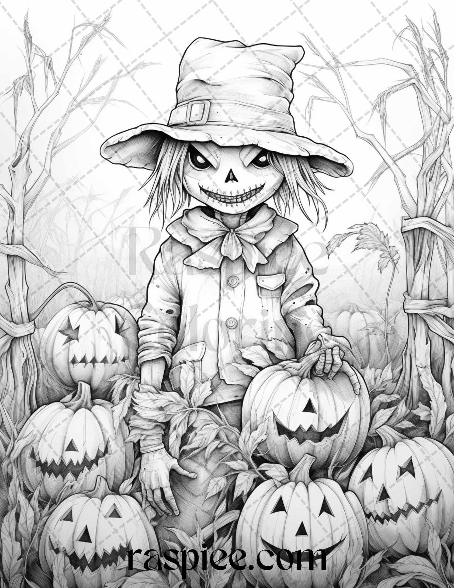 50 Halloween Scarecrows Grayscale Coloring Pages Printable for Adults, PDF File Instant Download