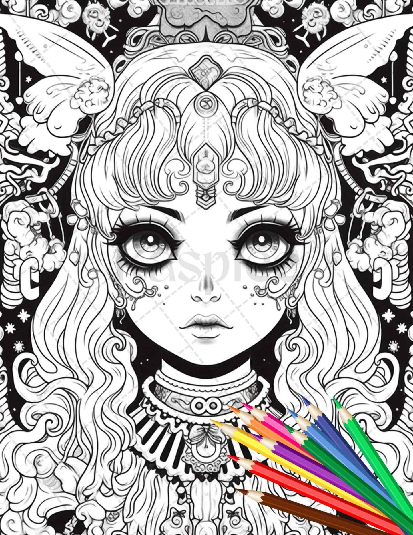 32 Creepy Kawaii Pastel Goth Coloring Pages Printable for Adults, Grayscale Coloring Page, PDF File Instant Download
