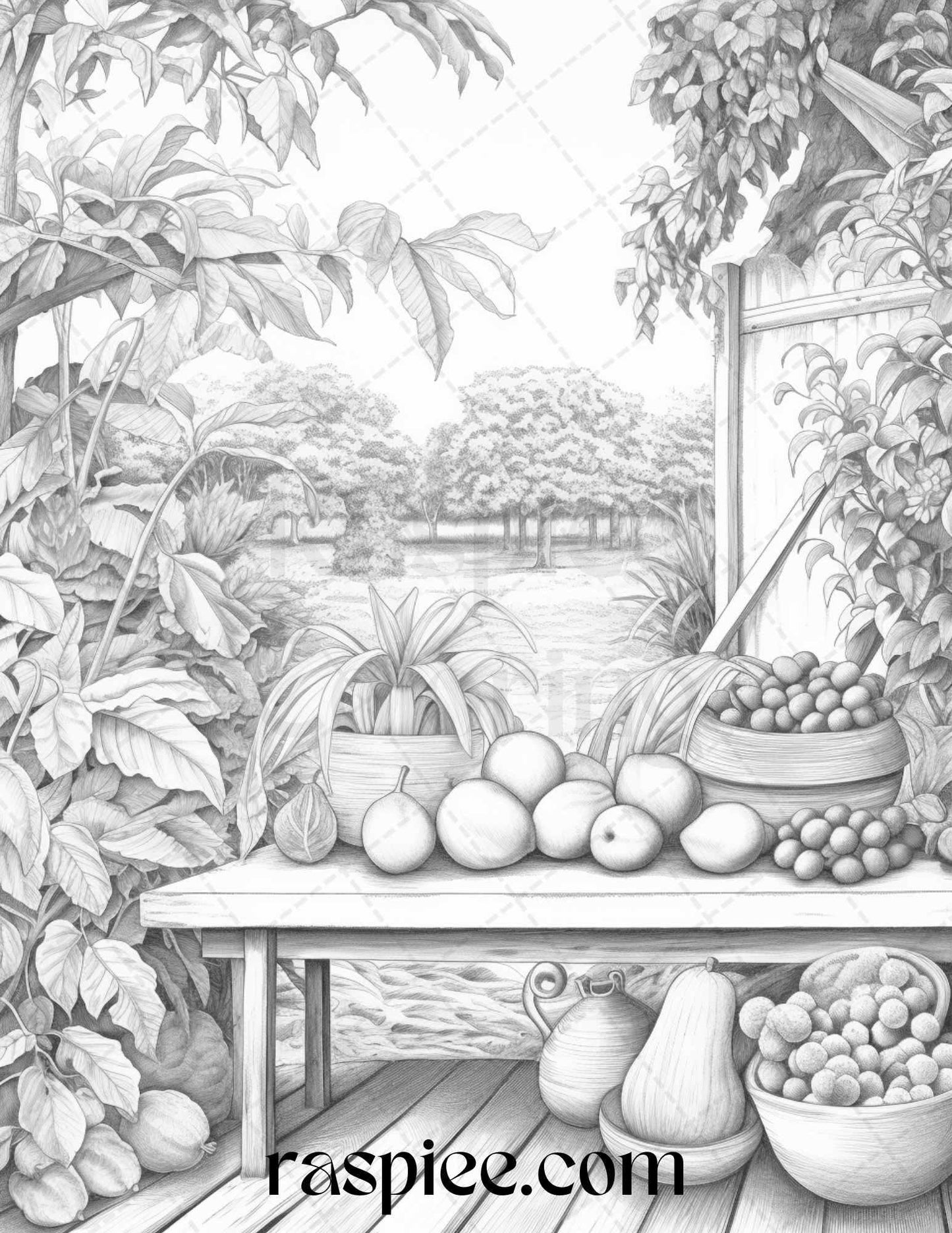 Relaxing Fruit Garden Grayscale Coloring Pages Printable for Adults, PDF File Instant Download