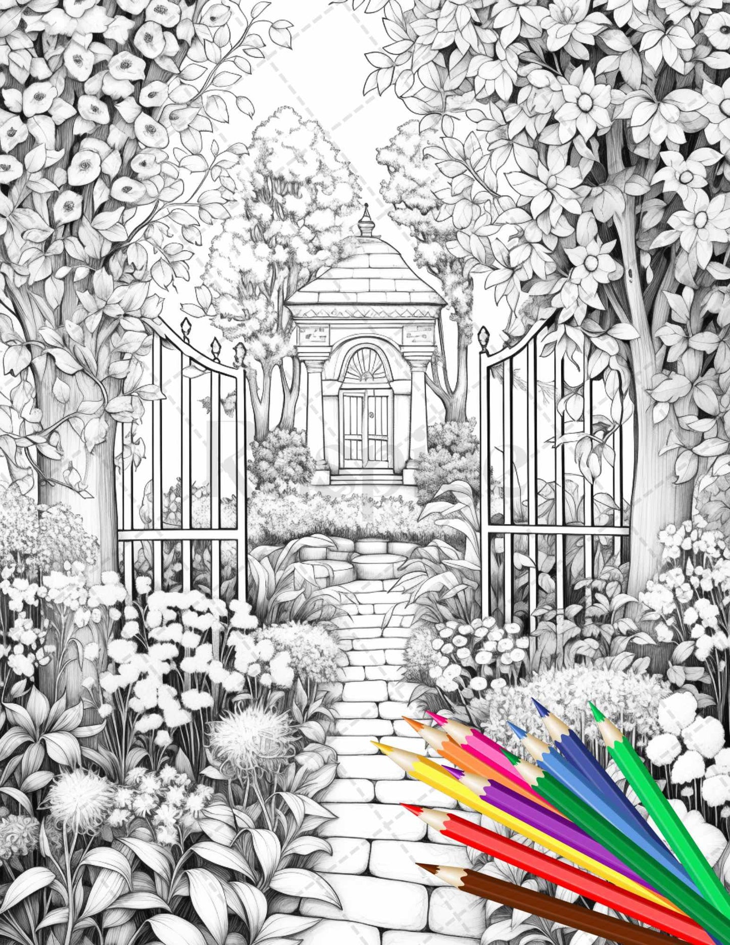 Secret Garden Coloring Pages Printable for Adults, Grayscale Coloring Page, PDF File Instant Download