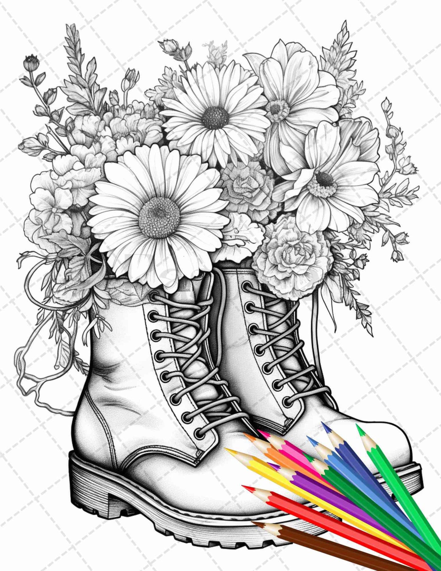 32 Flower Boots Coloring Pages Printable for Adults, Floral Grayscale Coloring Page, PDF File Instant Download
