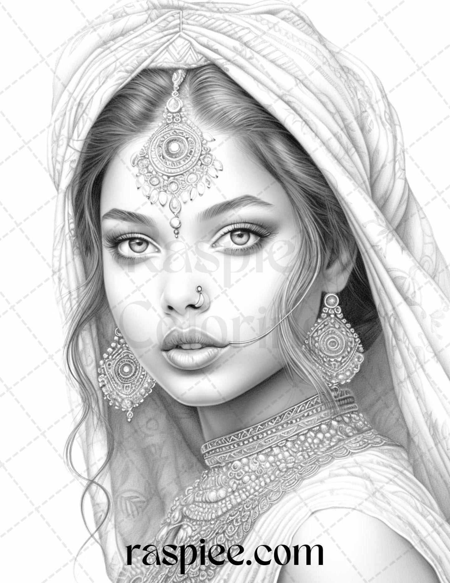 50 Beautiful Indian Women Grayscale Coloring Pages for Adults, Printable PDF File Instant Download