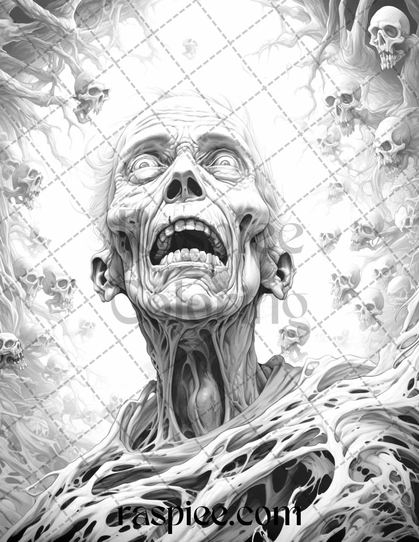 60 Halloween Nightmare Grayscale Coloring Pages Printable for Adults, PDF File Instant Download