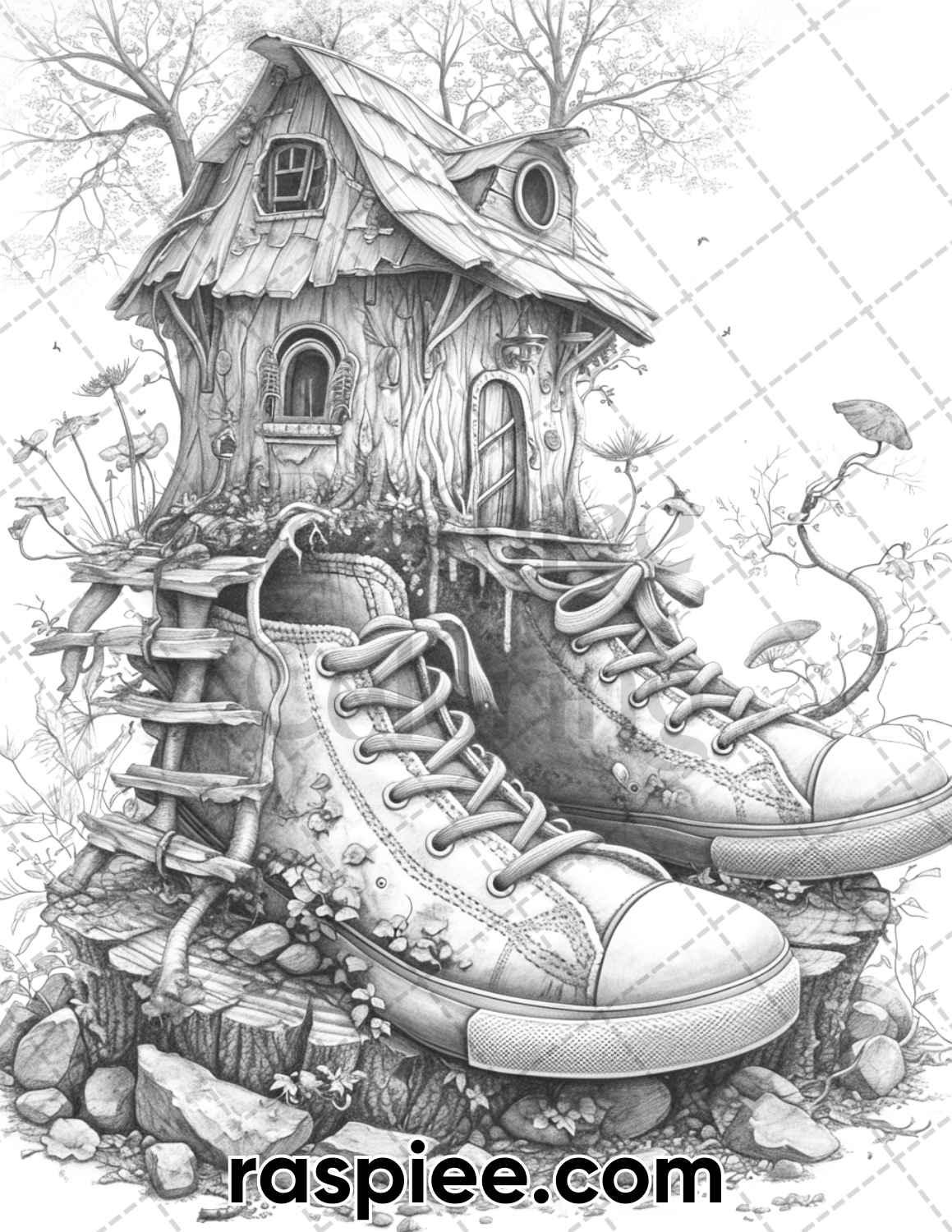 80 Fantasy Shoe House Grayscale Adult Coloring Pages, Printable PDF Instant Download