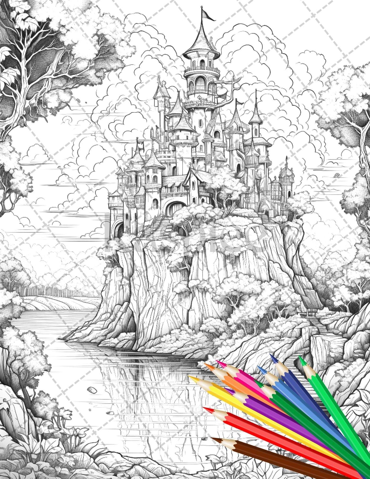 122 Fantasy Castles Coloring Book for Adults, Grayscale Coloring Page, Printable PDF Instant Download