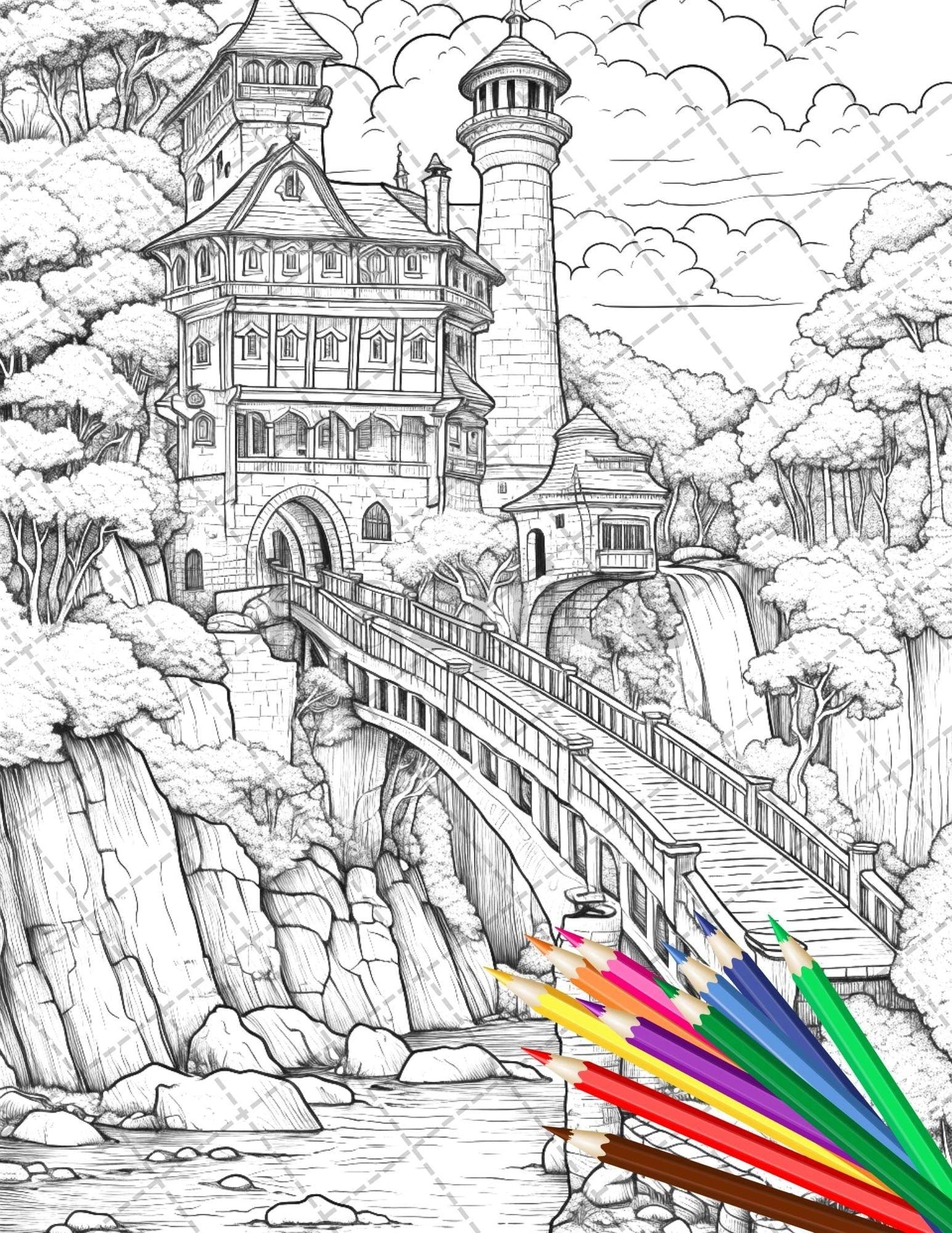 122 Fantasy Castles Coloring Book for Adults, Grayscale Coloring Page, Printable PDF Instant Download