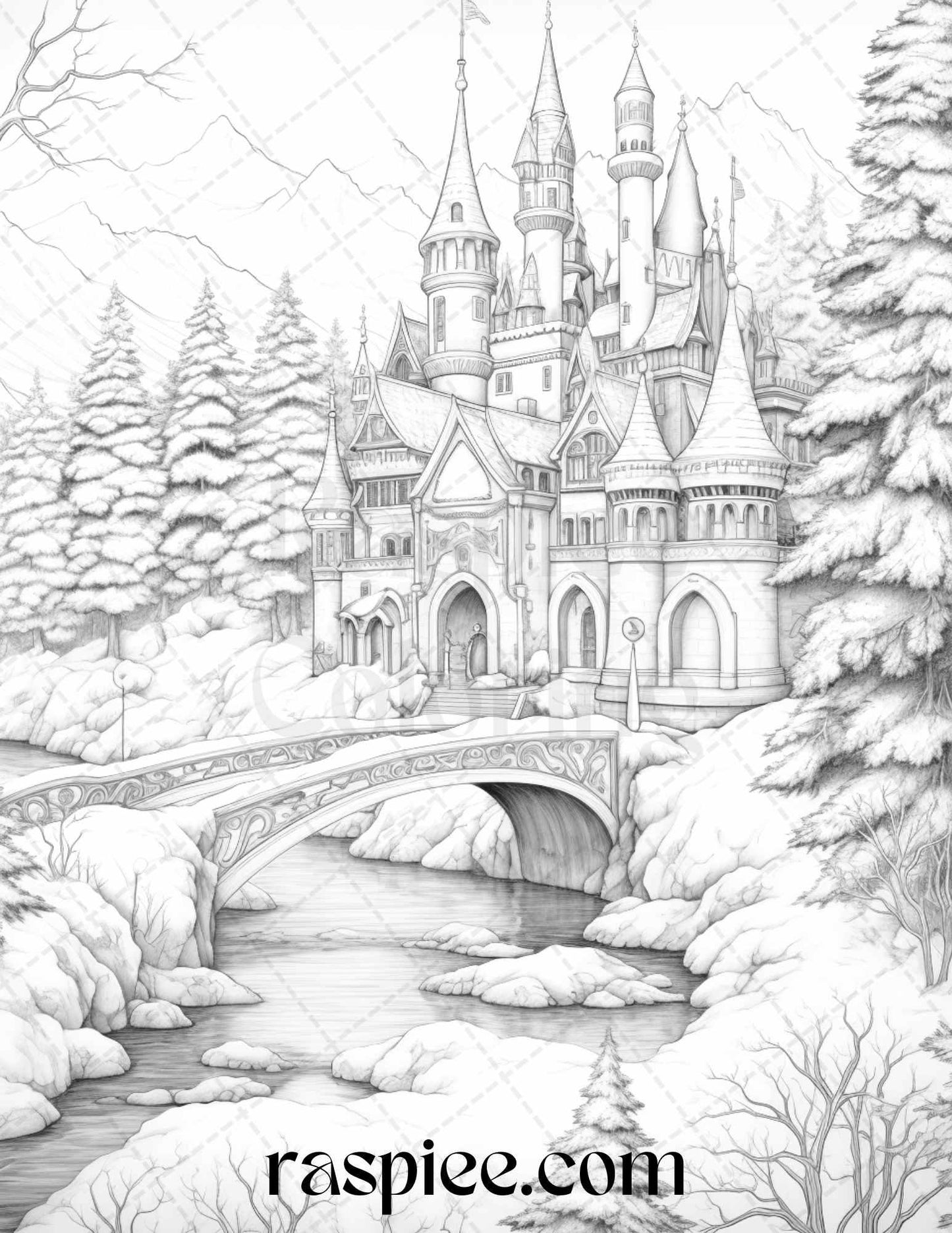 Winter Scenery Grayscale Coloring Pages Printable, Relaxing Snowy Landscapes, PDF File Instant Download