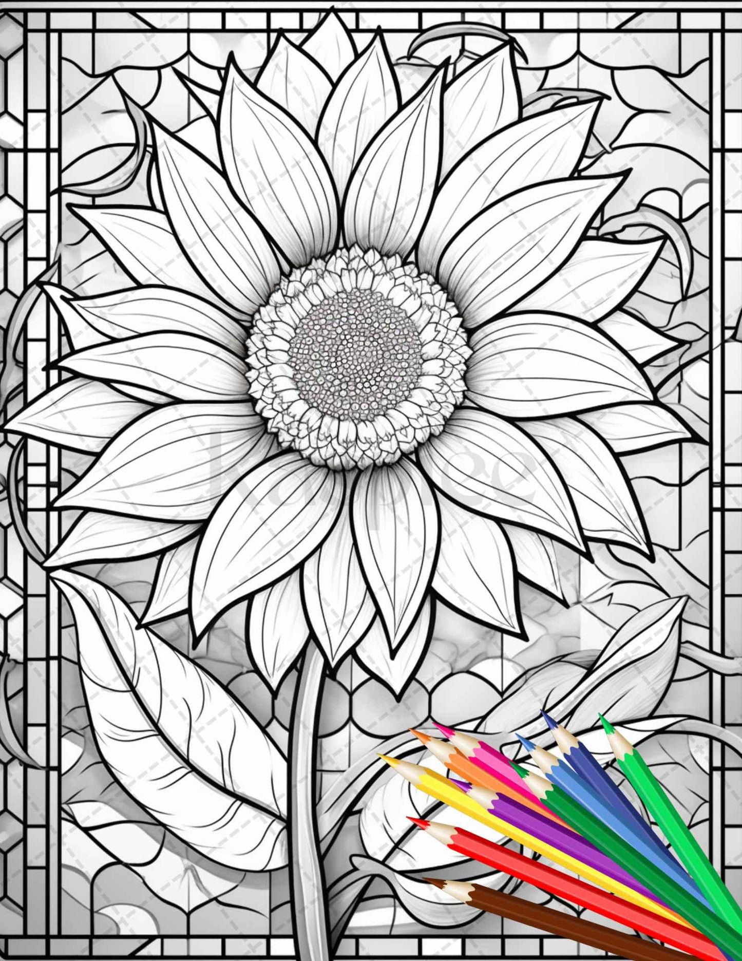 30 Stained Glass Flowers Grayscale Coloring Pages Printable for Adults, PDF File Instant Download