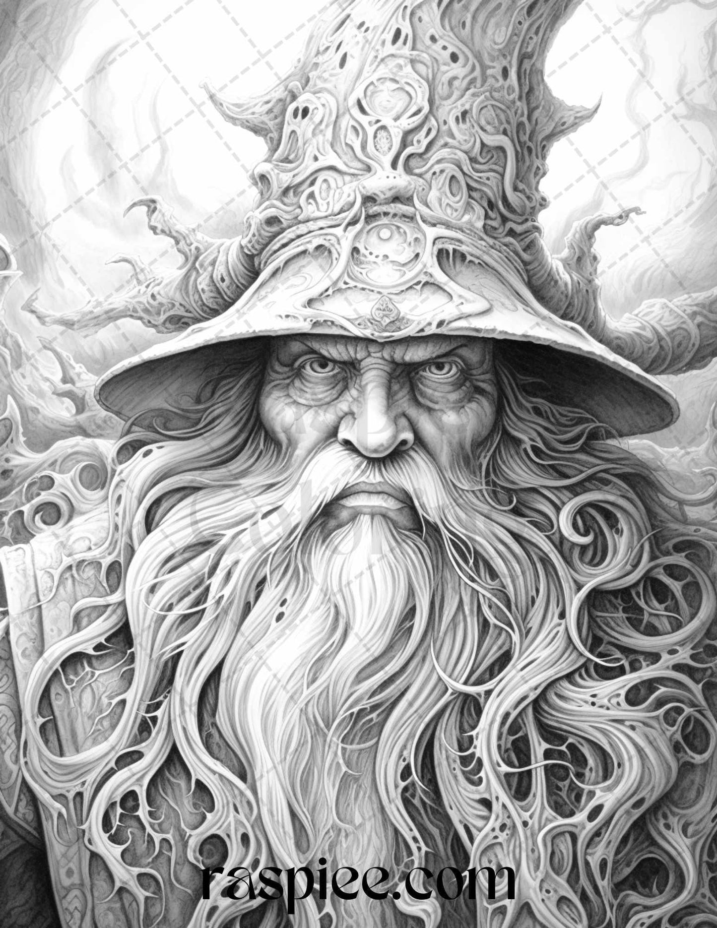 50 Magical Wizard Grayscale Coloring Pages for Adults, Printable PDF File Instant Download