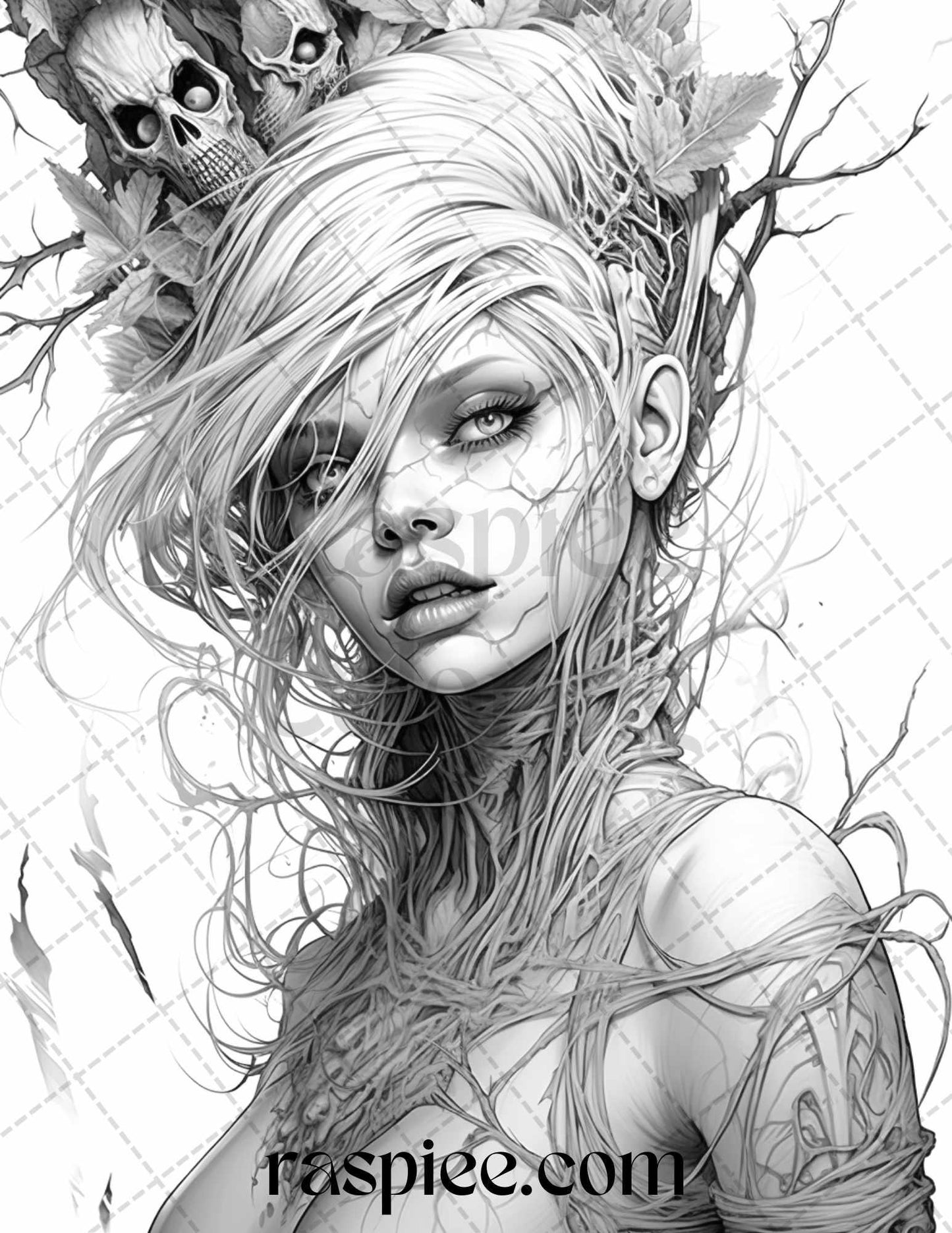 60 Halloween Zombie Fairy Grayscale Coloring Pages Printable for Adults, PDF File Instant Download