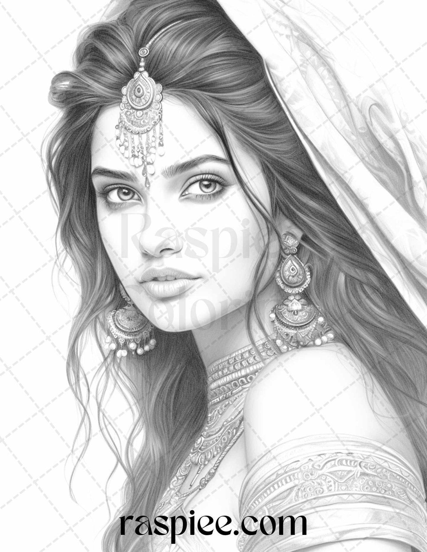 50 Beautiful Indian Women Grayscale Coloring Pages for Adults, Printable PDF File Instant Download