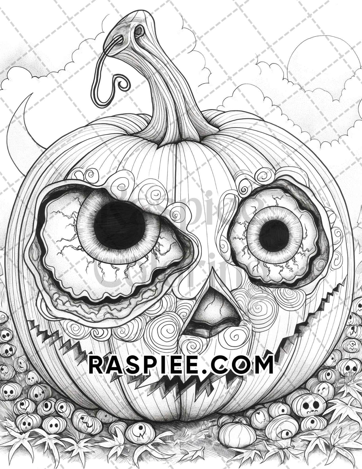 Spooky Pumpkin Halloween Adult Coloring Pages Printable PDF Instant Download
