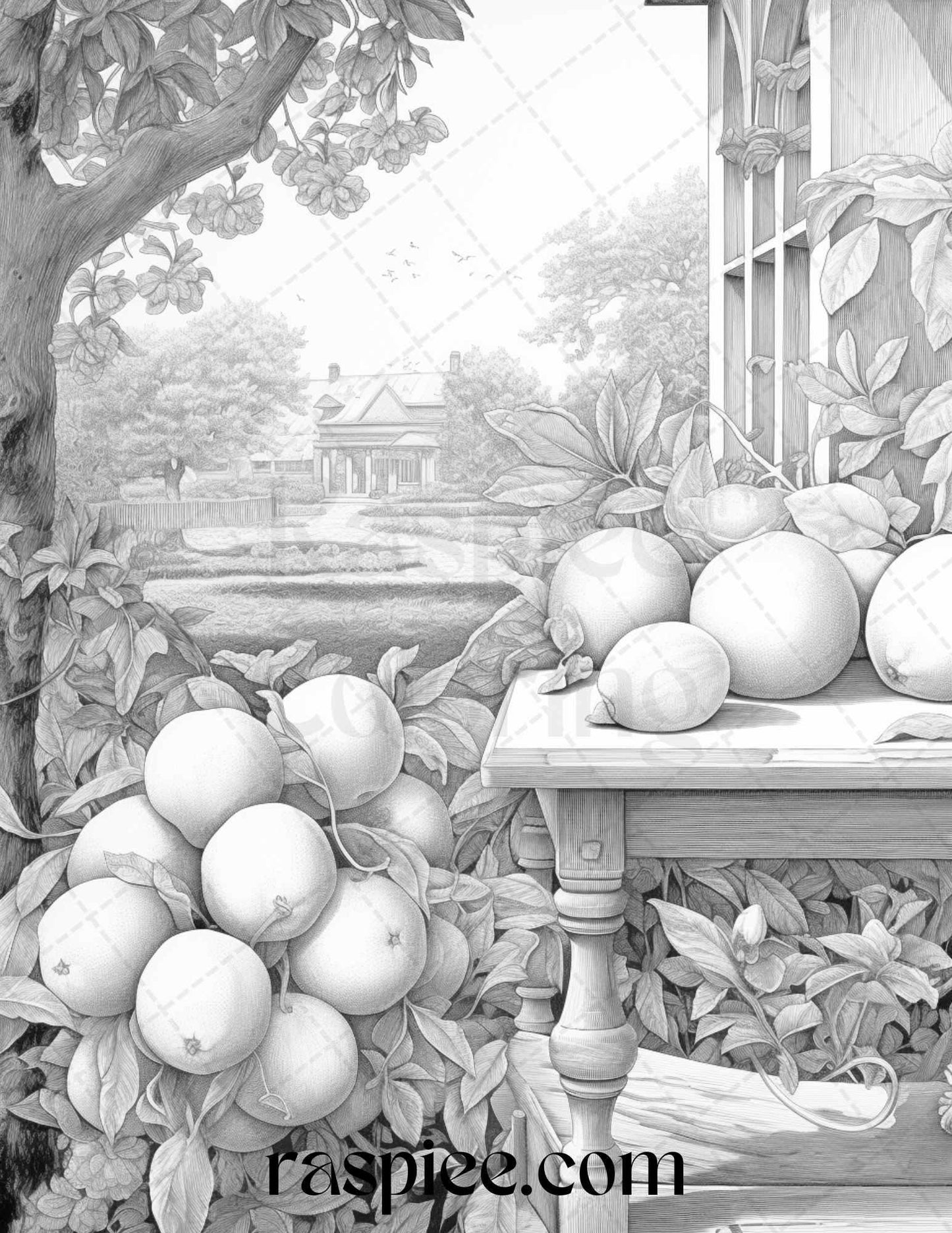 Relaxing Fruit Garden Grayscale Coloring Pages Printable for Adults, PDF File Instant Download
