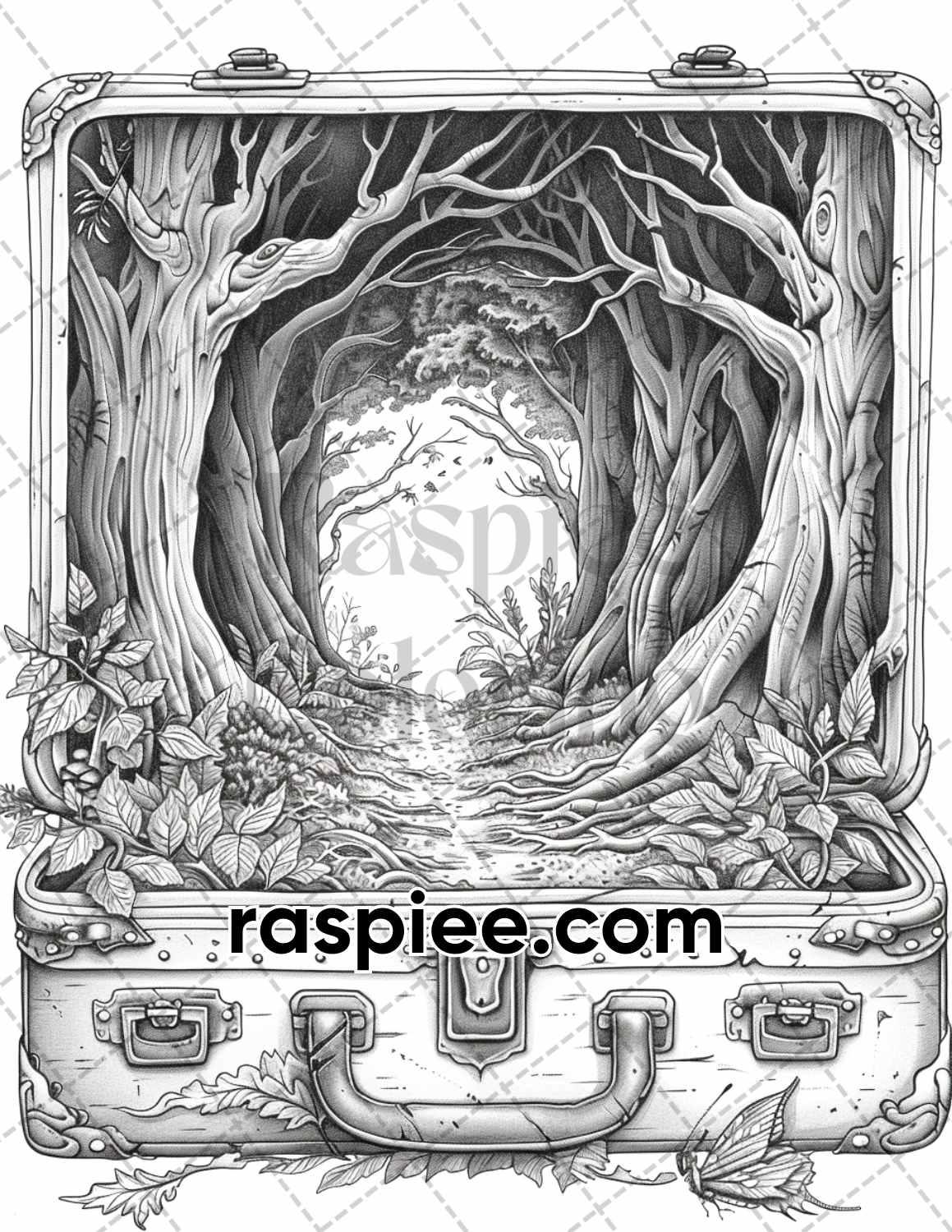 67 Worlds in a Suitcase Grayscale Adult Coloring Pages, Printable PDF Instant Download