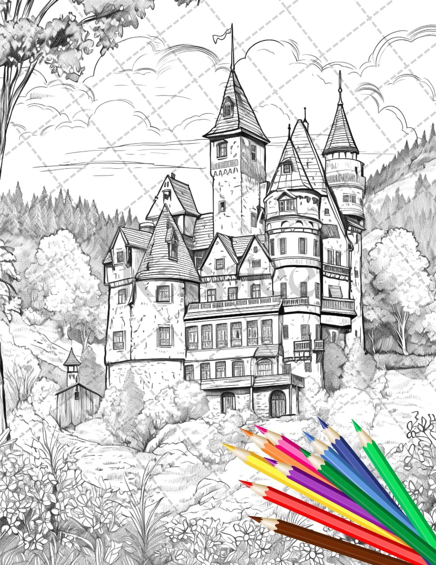 122 Fantasy Castles Coloring Book for Adults, Grayscale Coloring Page, Printable PDF Instant Download