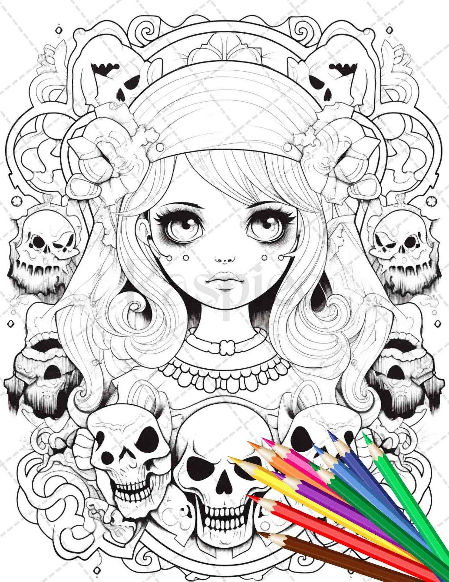 32 Creepy Kawaii Pastel Goth Coloring Pages Printable for Adults, Grayscale Coloring Page, PDF File Instant Download