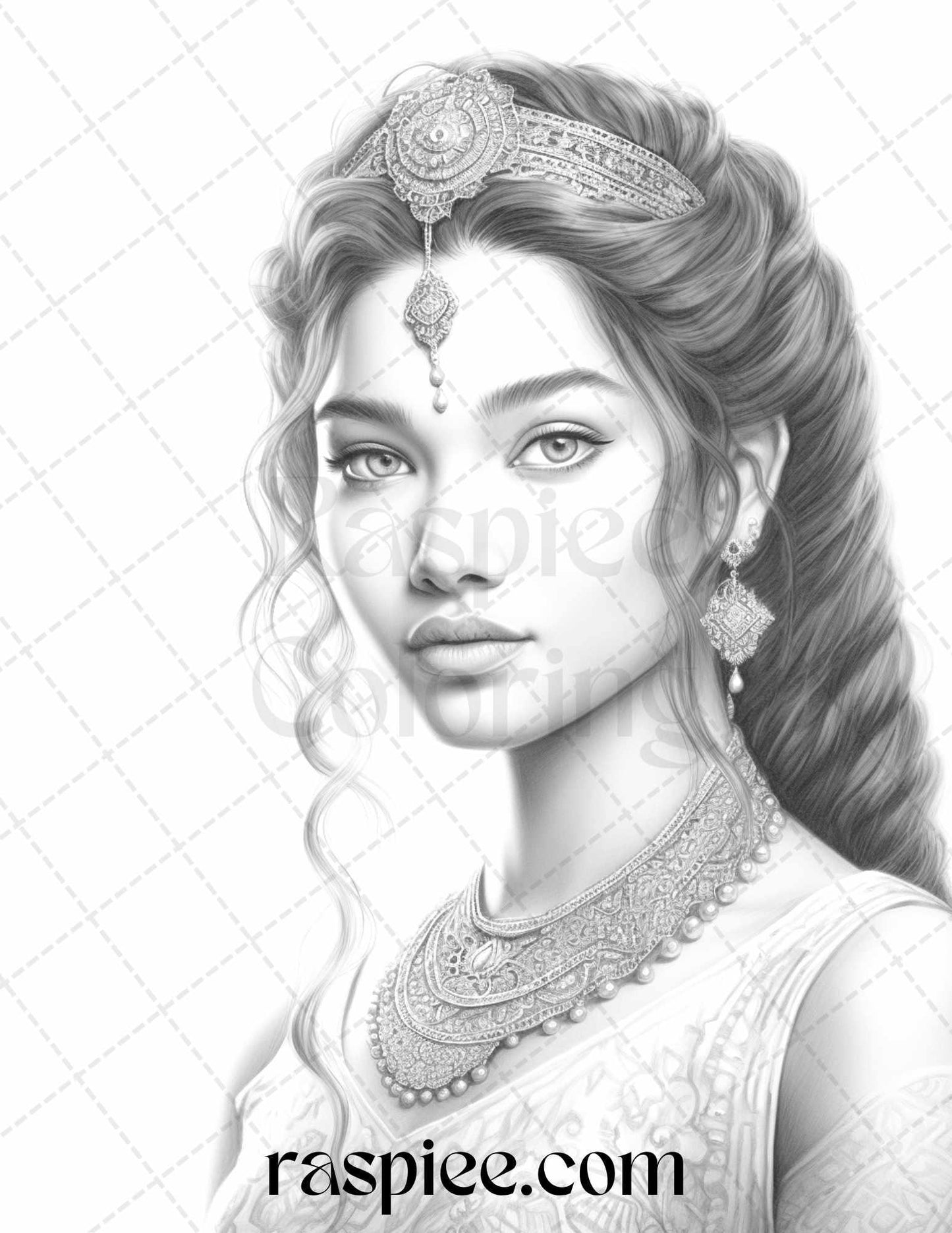 50 Beautiful Indian Women Grayscale Coloring Pages for Adults, Printable PDF File Instant Download