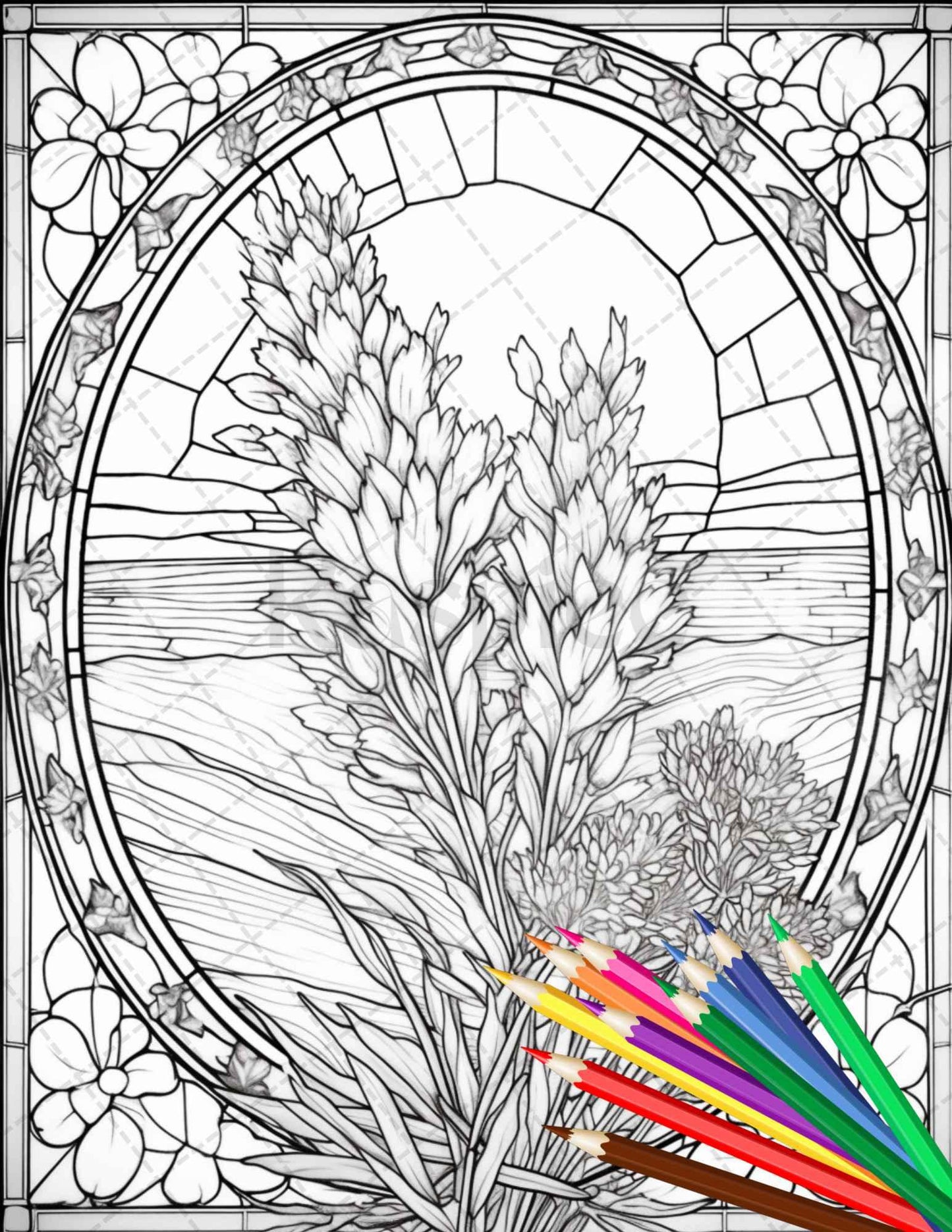 30 Stained Glass Flowers Grayscale Coloring Pages Printable for Adults, PDF File Instant Download