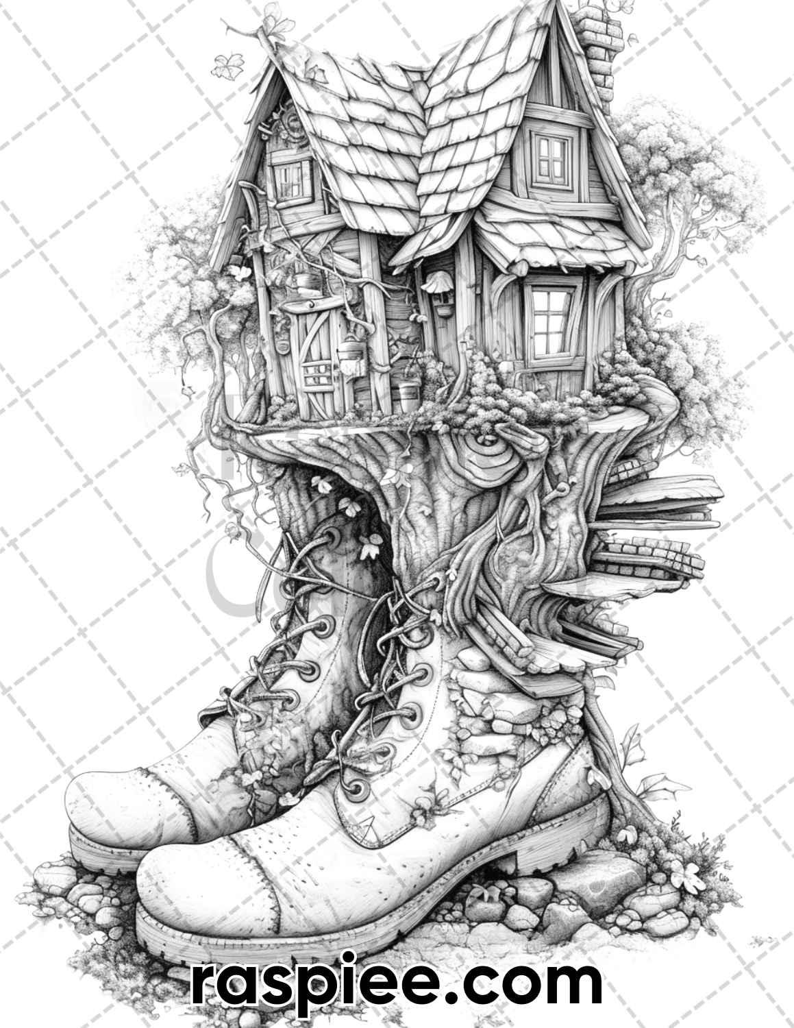 80 Fantasy Shoe House Grayscale Adult Coloring Pages, Printable PDF Instant Download