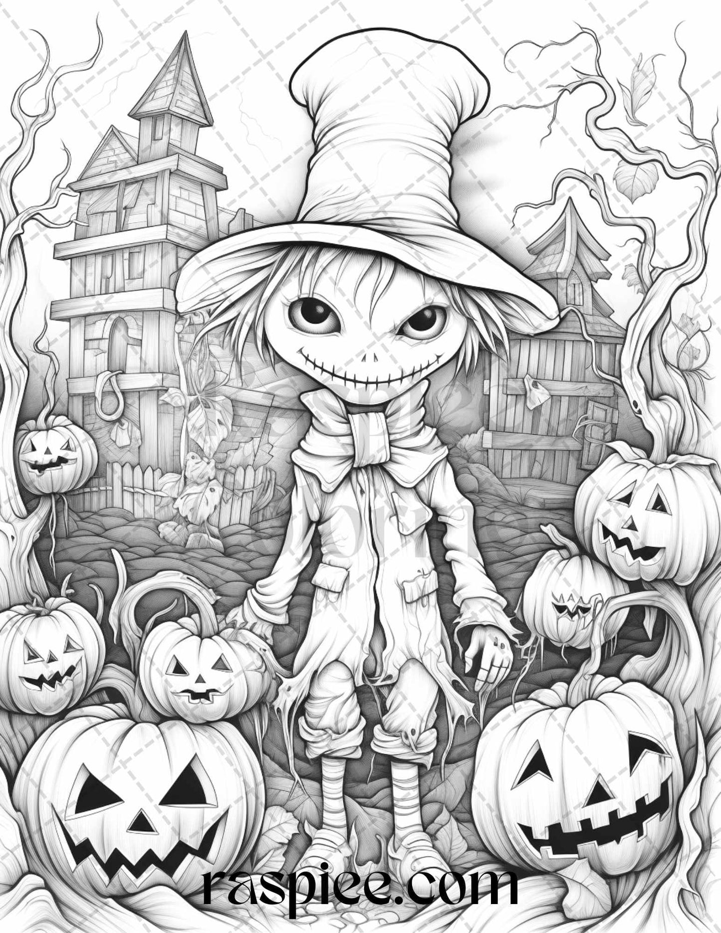 50 Halloween Scarecrows Grayscale Coloring Pages Printable for Adults, PDF File Instant Download